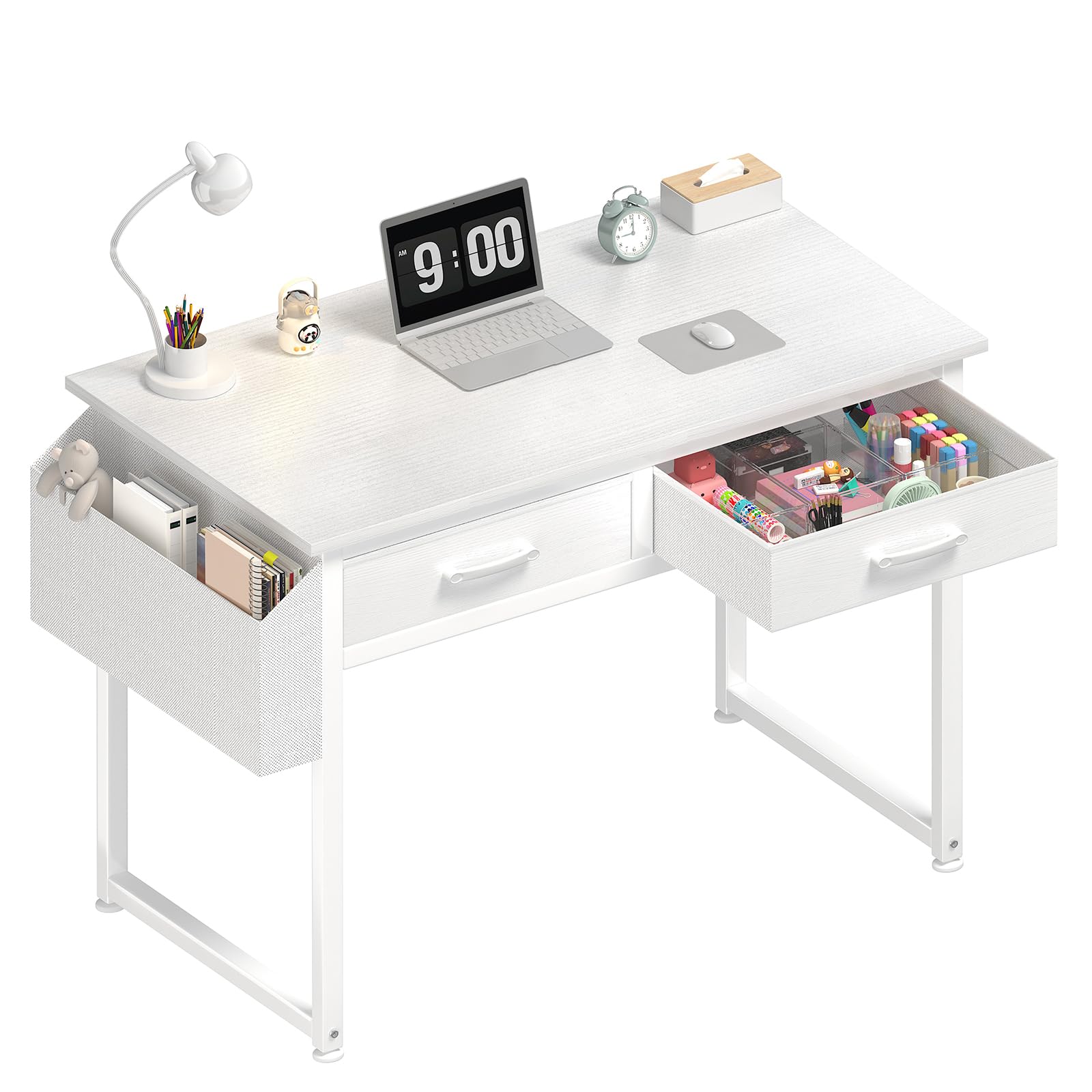 DLisiting White Small Desk with Fabric Drawers - 32 Inch Vanity Desk with Storage Drawer and Bag for Bedroom, Study Writing Tabl