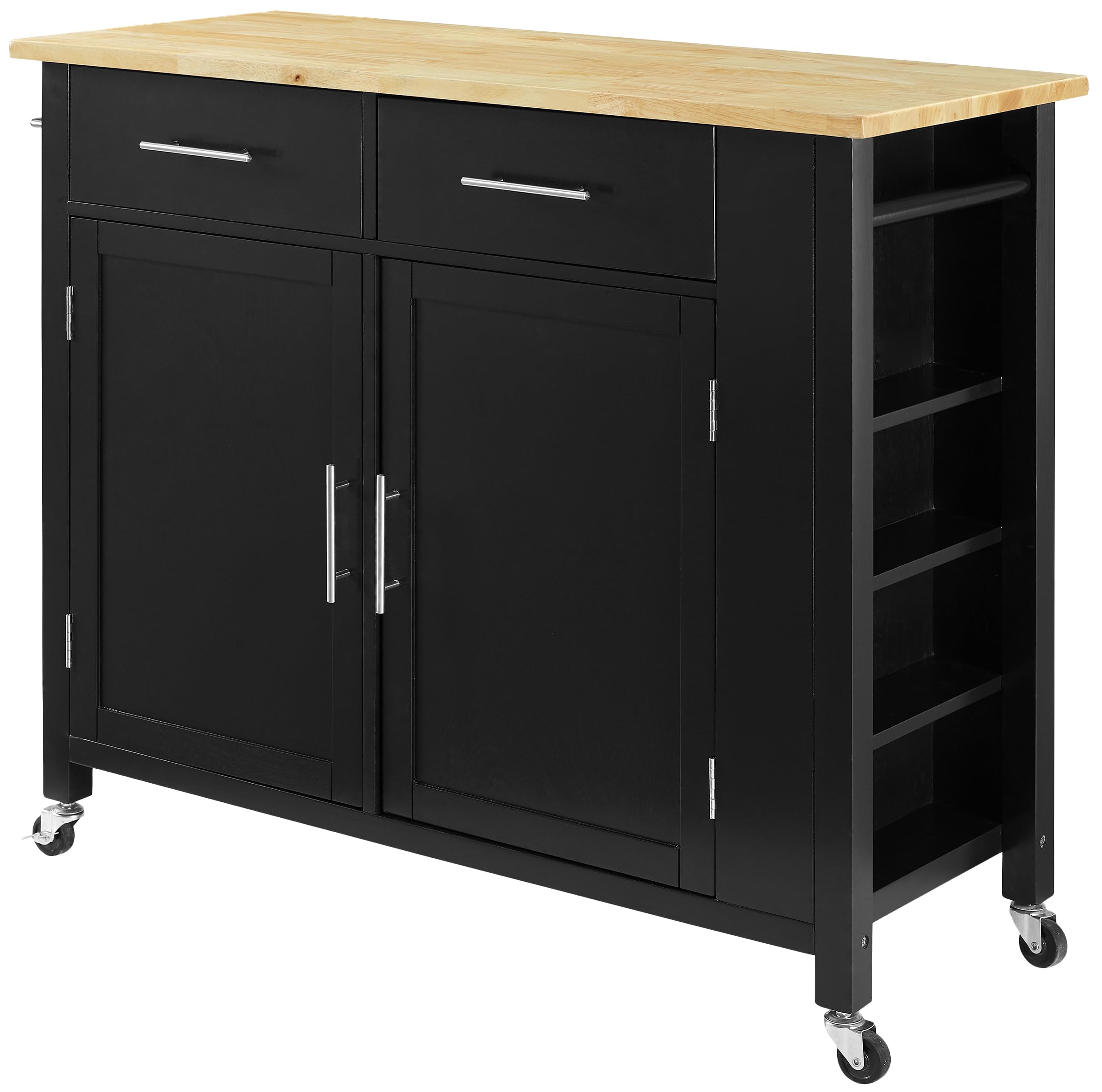 Crosley Furniture Savannah Wood Top Rolling Kitchen Island Cart, Microwave Stand, with Shelves and Drawers, Black