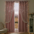 NICETOWN Pink Curtains, Star Moon Cutout Curtains for Baby Girl Bedroom, Cute Curtains Blackout Curtains with Sheer Overly, Doub