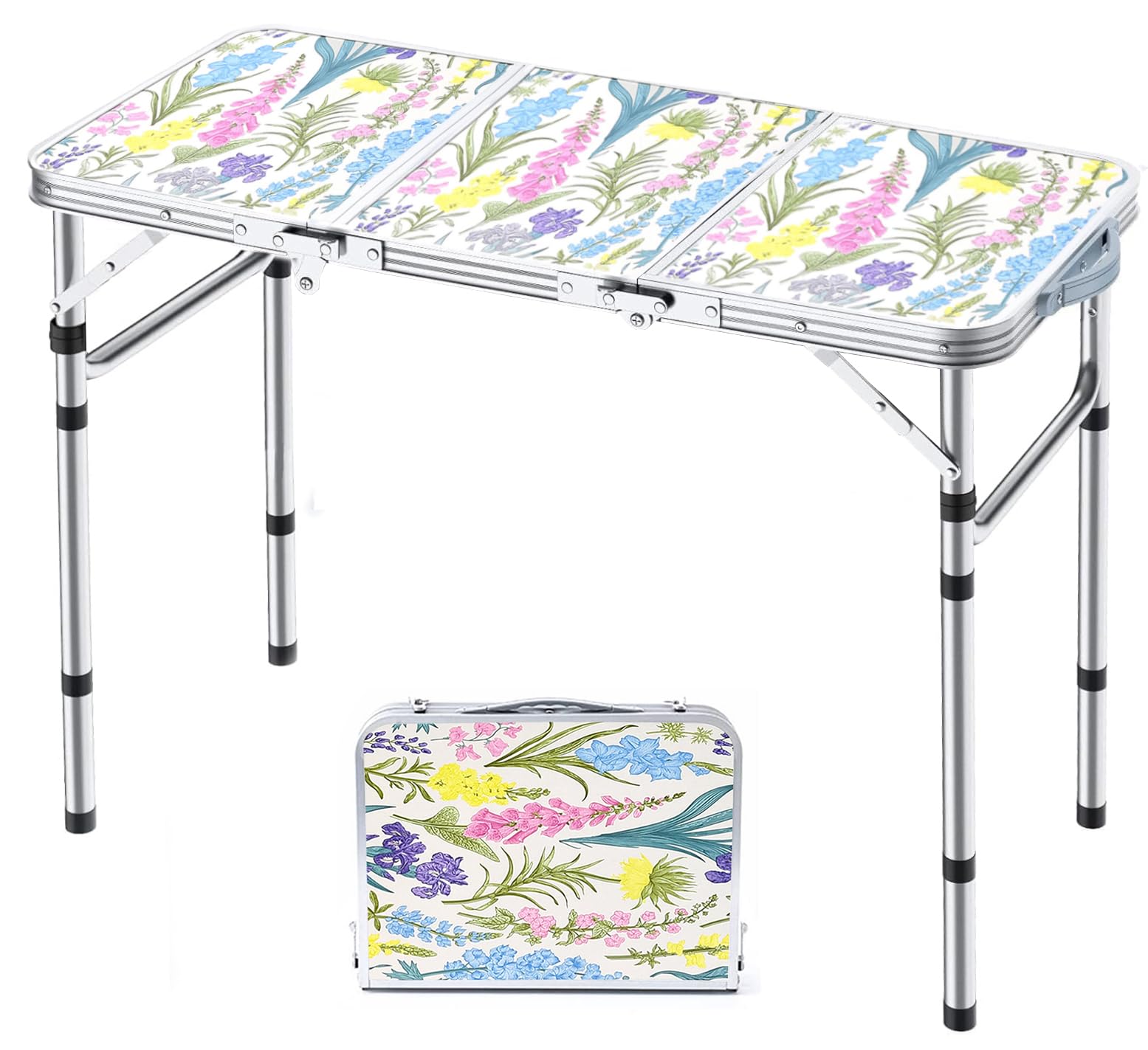 Yriuat Folding Camping Table 3ft Portable Pinic Table Adjustable Height Small Card Table Aluminum Foldable Lightweight with Carr