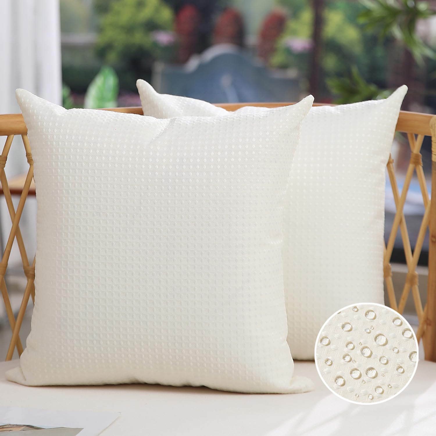 DFXSZ Outdoor Pillow Covers 16X16 Inch Set of 2 White Waffle Textured Polyester Pillow Covers Spring Summer Outdoor Waterproof D