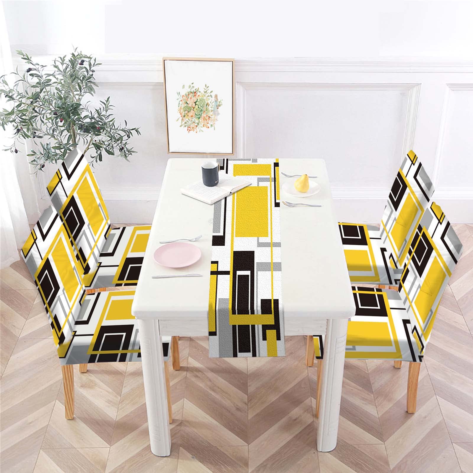 MCALK Abstract Yellow Chair Covers Set of 4 and Table Runner,Stretch Yellow Chair Slipcovers for Kitchen,Washable Removable Chai