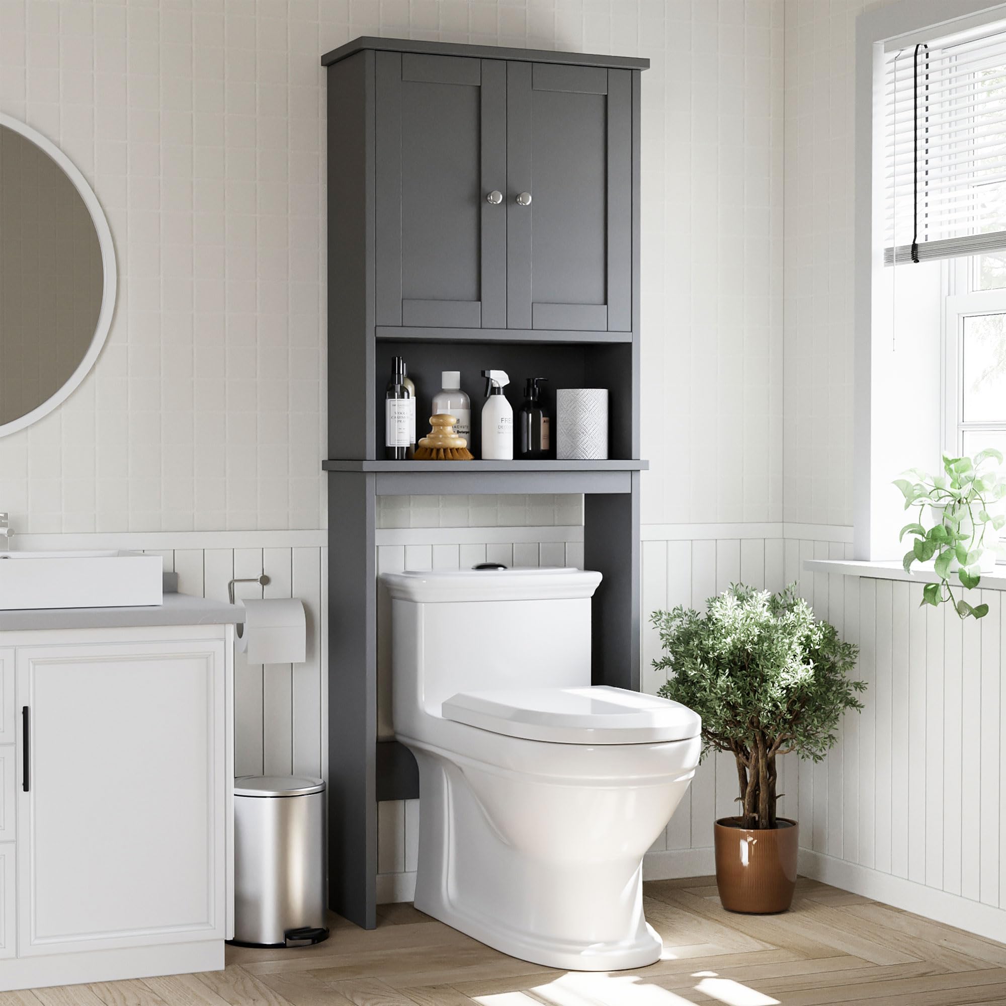 Shintenchi Over The Toilet Storage Cabinet, Bathroom Above The Toilet Rack, Bathroom Adjustable Shelf Organizer with Open Bottom