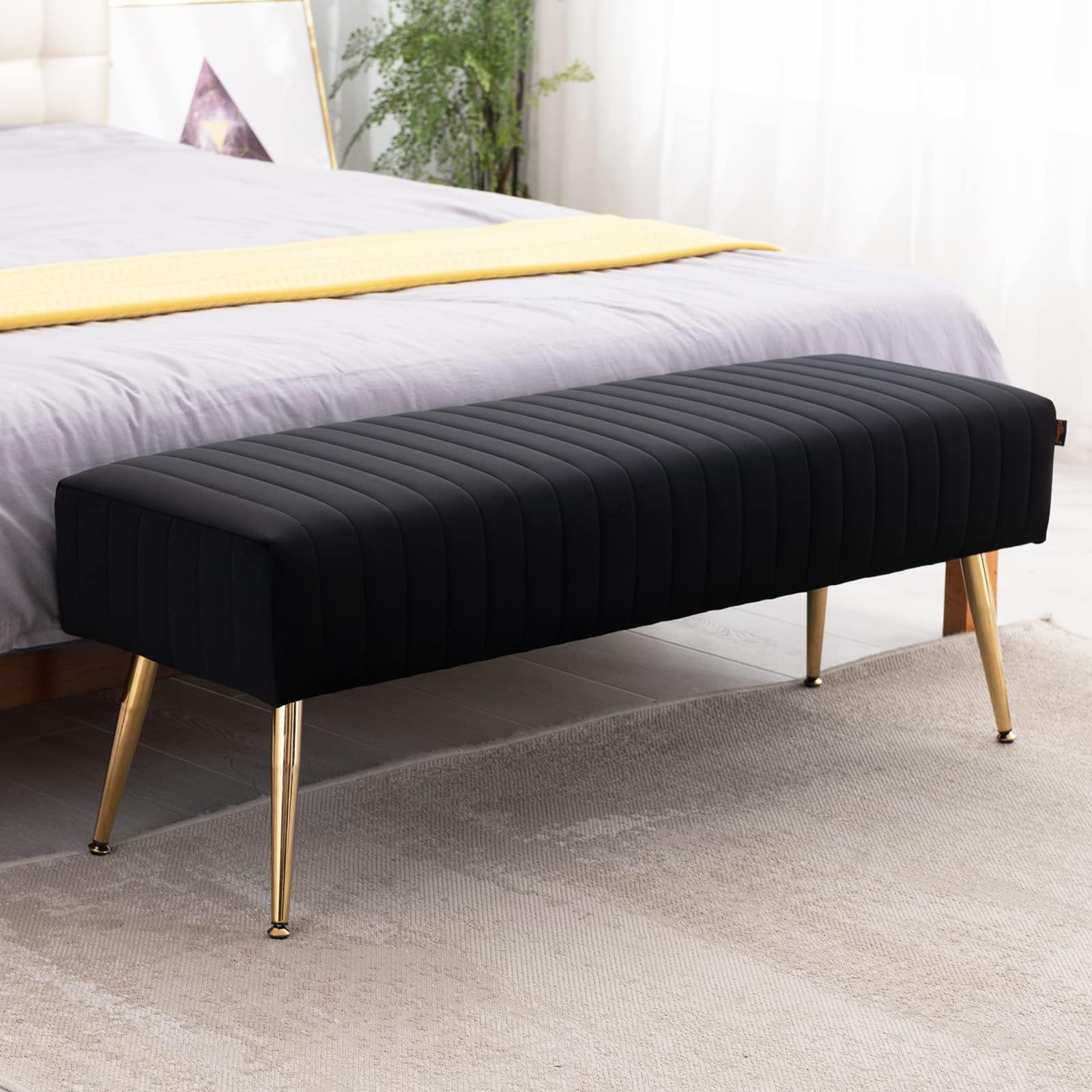 Furnimart 44 Inch Bedroom Ottoman Bench, Black Upholstered End of Bed Bench with Gold Legs for Living Room Bedroom Dinning Room 