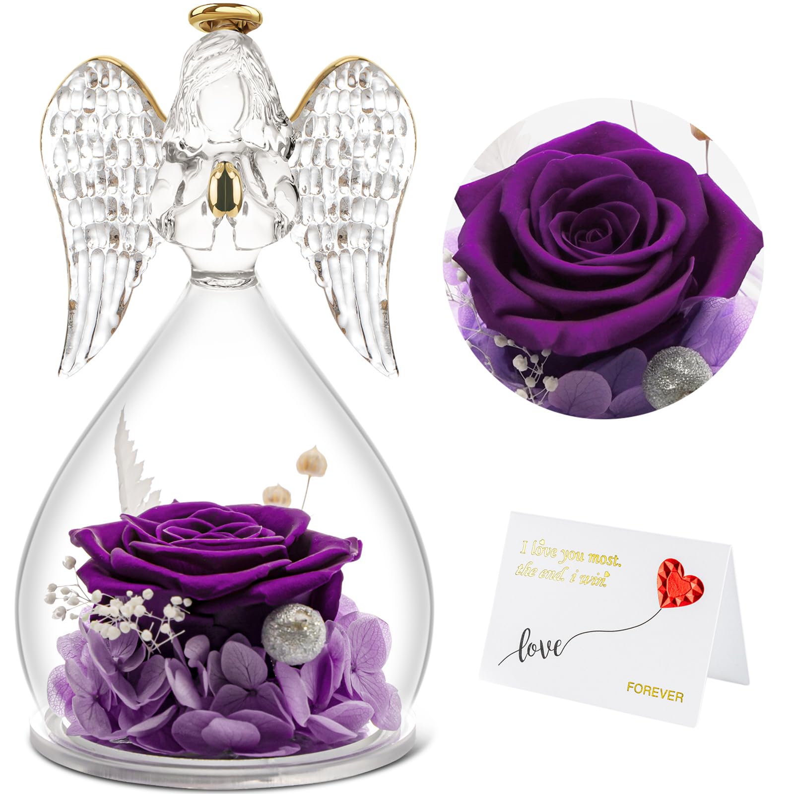 Yamonic Mom Birthday Gifts for Mom Grandmas, Angel Figurines with Real Rose Gifts for Her Mom Grandma,Preserved Flowers Rose Ang