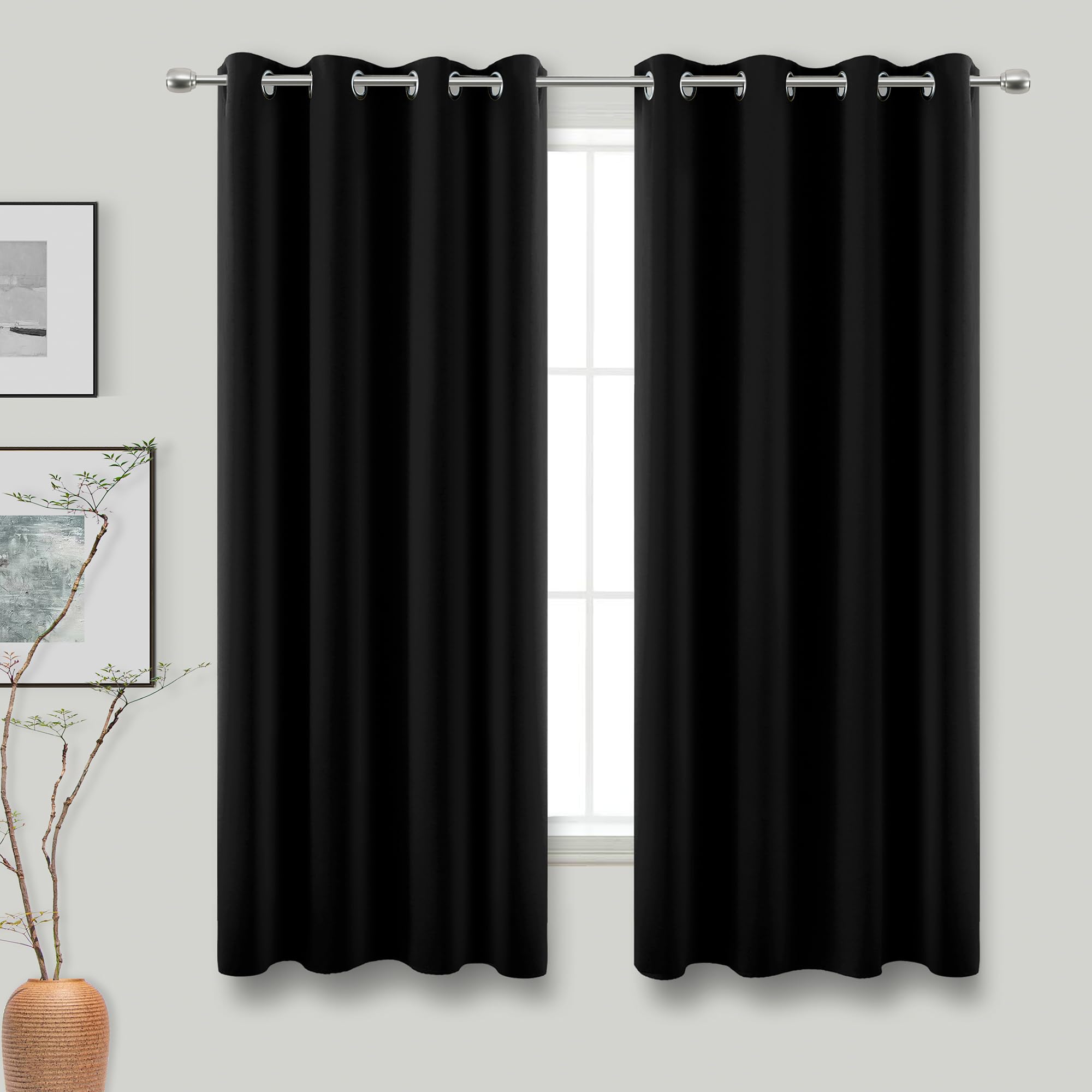 KOUFALL Black Blackout Curtains 63 Inch Length for Bedroom,2 Panels Set Grommet Ring Room Darkening Dark Out Heavy Thick Insulat