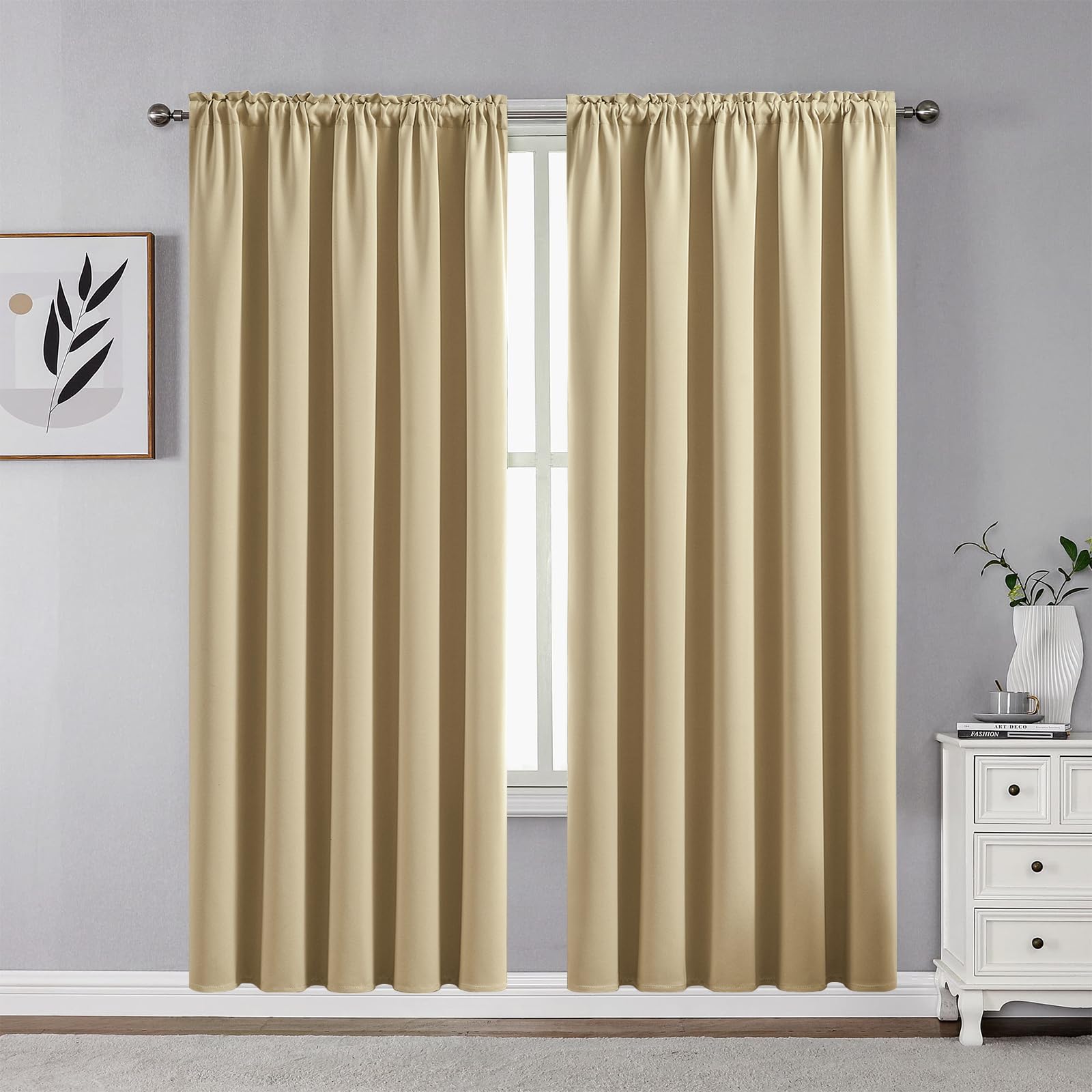 CUCRAF Beige Blackout Curtains 72 inch Length 2 Panels Set, Rod Pocket Room Darkening Drapes for Bedroom Living Room, Insulated 