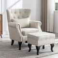 Janoray Mid Century Modern Accent Chair Upholstered Armchair Comfy Linen Fabric Tufted Wingback Single Sofa with Ottoman for Bed