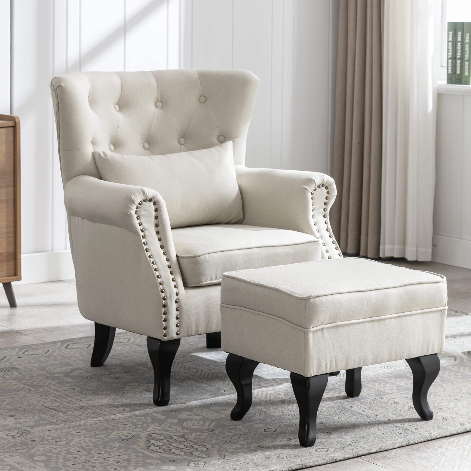 Janoray Mid Century Modern Accent Chair Upholstered Armchair Comfy Linen Fabric Tufted Wingback Single Sofa with Ottoman for Bed