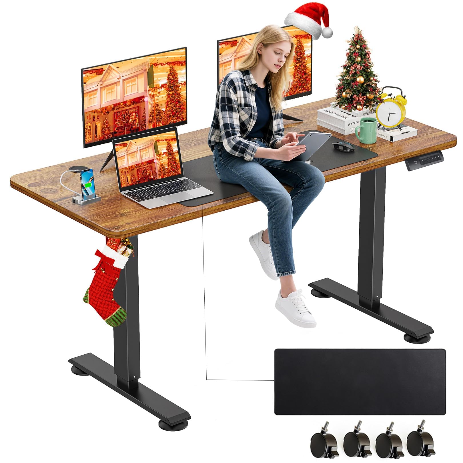 farexon Electric Standing Desk Adjustable Height, 55 x 24 Inch Sit Stand up Desk with Large Mouse Pad, Double Metal Hook,4 Wheel