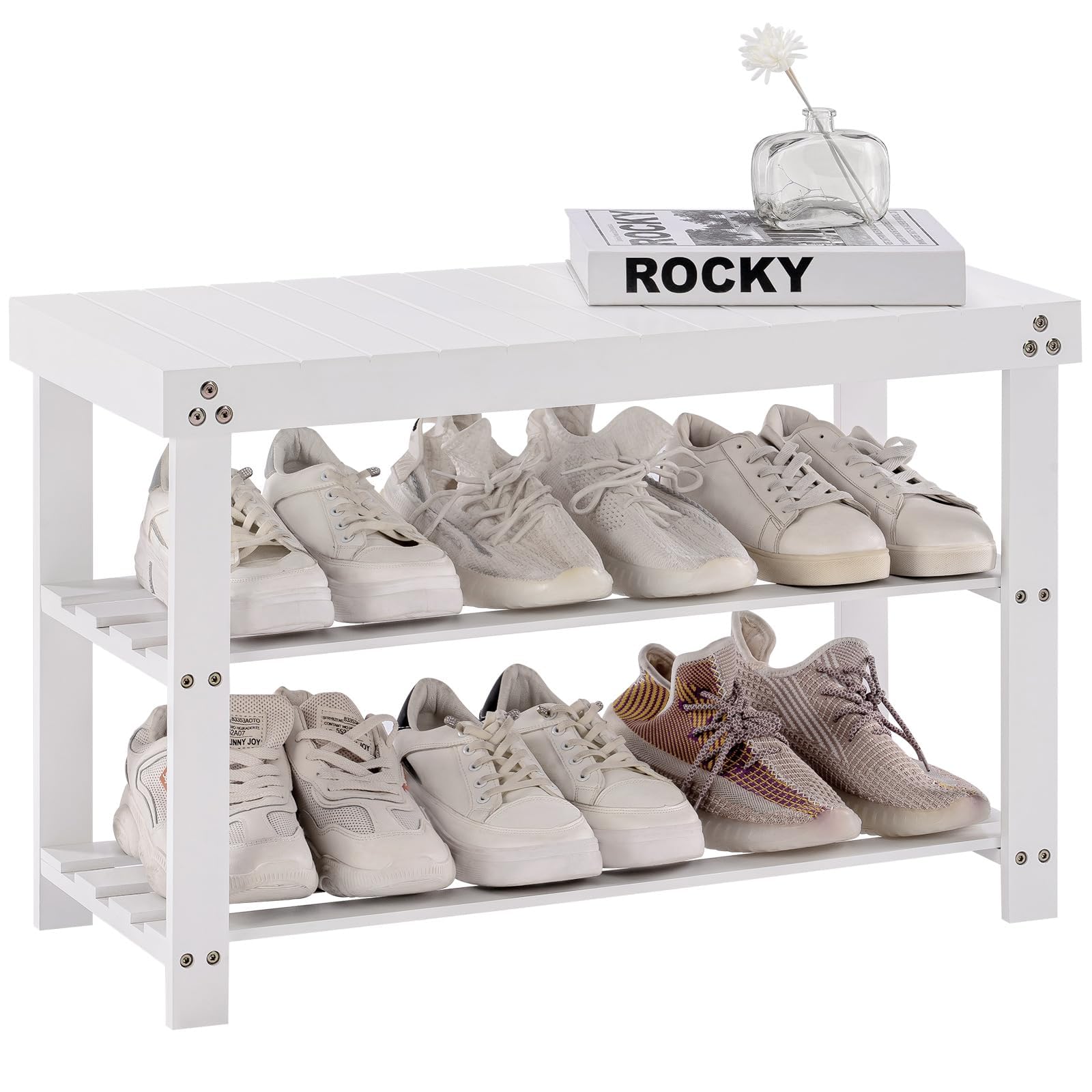 Apicizon Bamboo Shoe Rack for Entryway, 3-Tier Shoe Rack Bench for Front Indoor Entrance, Small Shoe Organizer with Storage, Whi