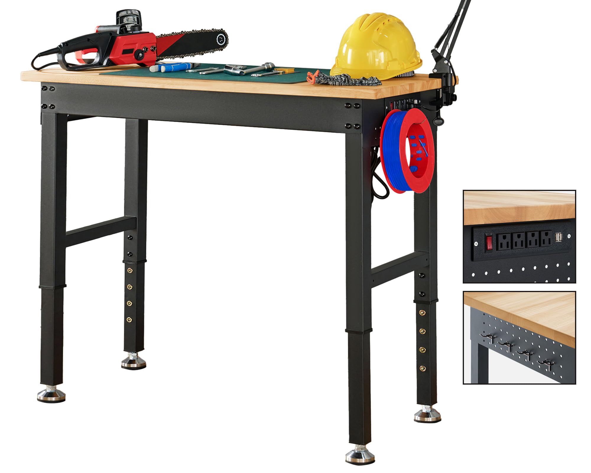 Albott 72x24 Adjustable Workbench, 28.7-38.6 Height, Rubber Wood Top, Heavy-Duty Design with Power Outlets & Hooks, 5000 LB Capa