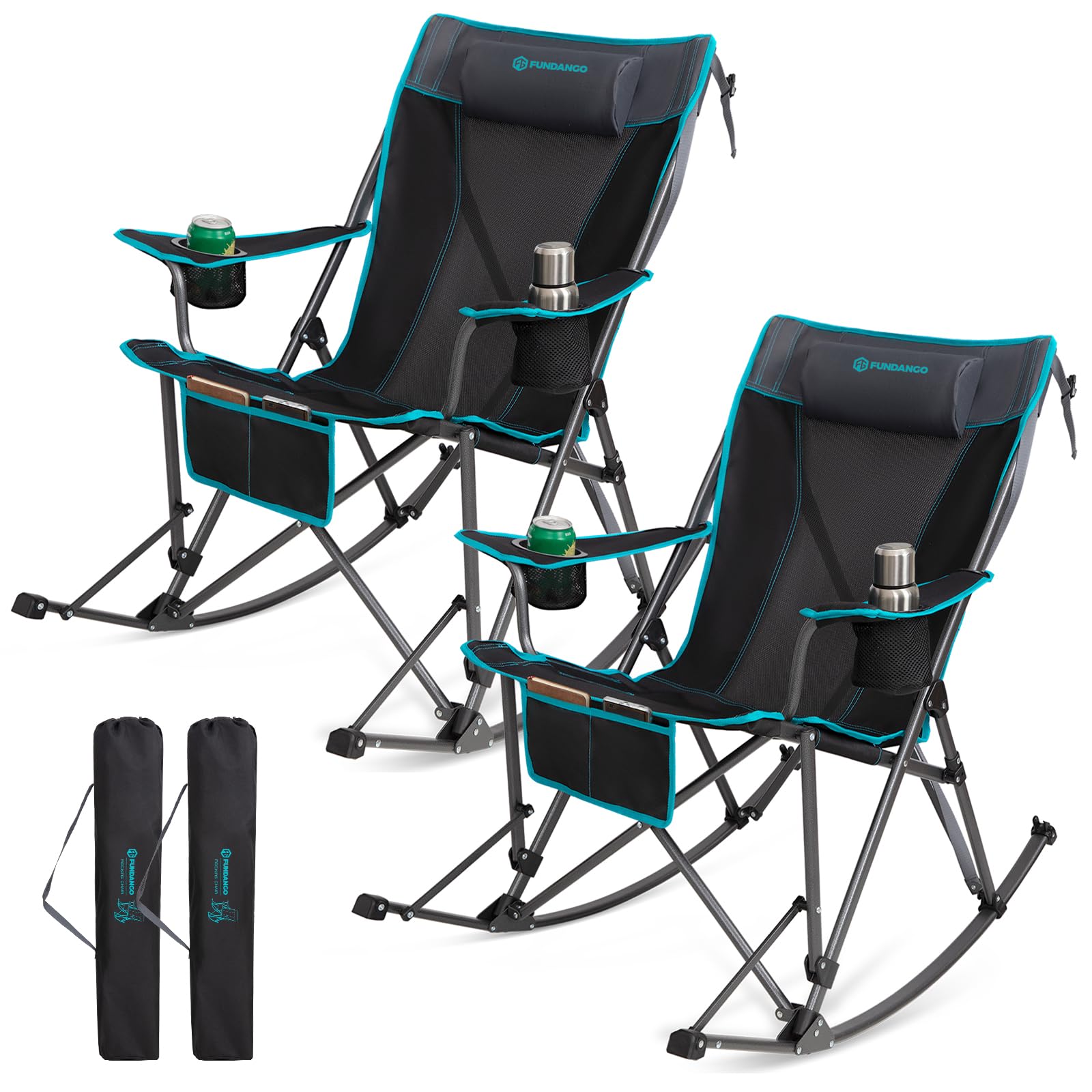 FUNDANGO Rocking Camping Chair, 2 Pack High Mesh Back Portable Folding Camp Chairs with Pillows, Cup Holder and Carry Bag for La