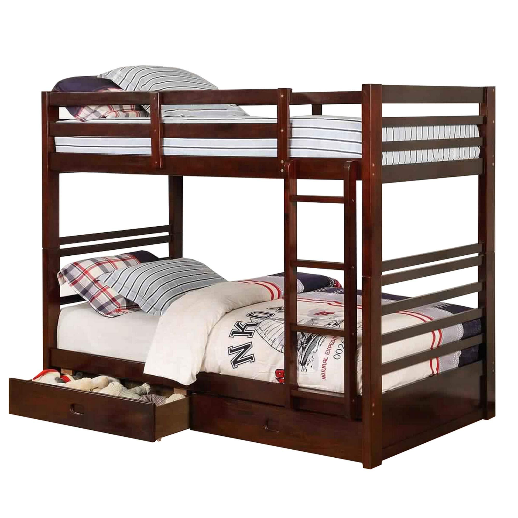 Benjara Transitional Twin Bed with Attached Ladder and Drawers, Brown