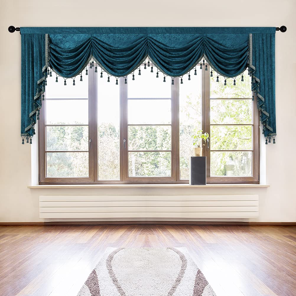 ELKCA Thick Chenille Window Curtains Valance for Living Room Peacock Blue Waterfall Valance for Bedroom,Rod Pocket (Peacock Blue