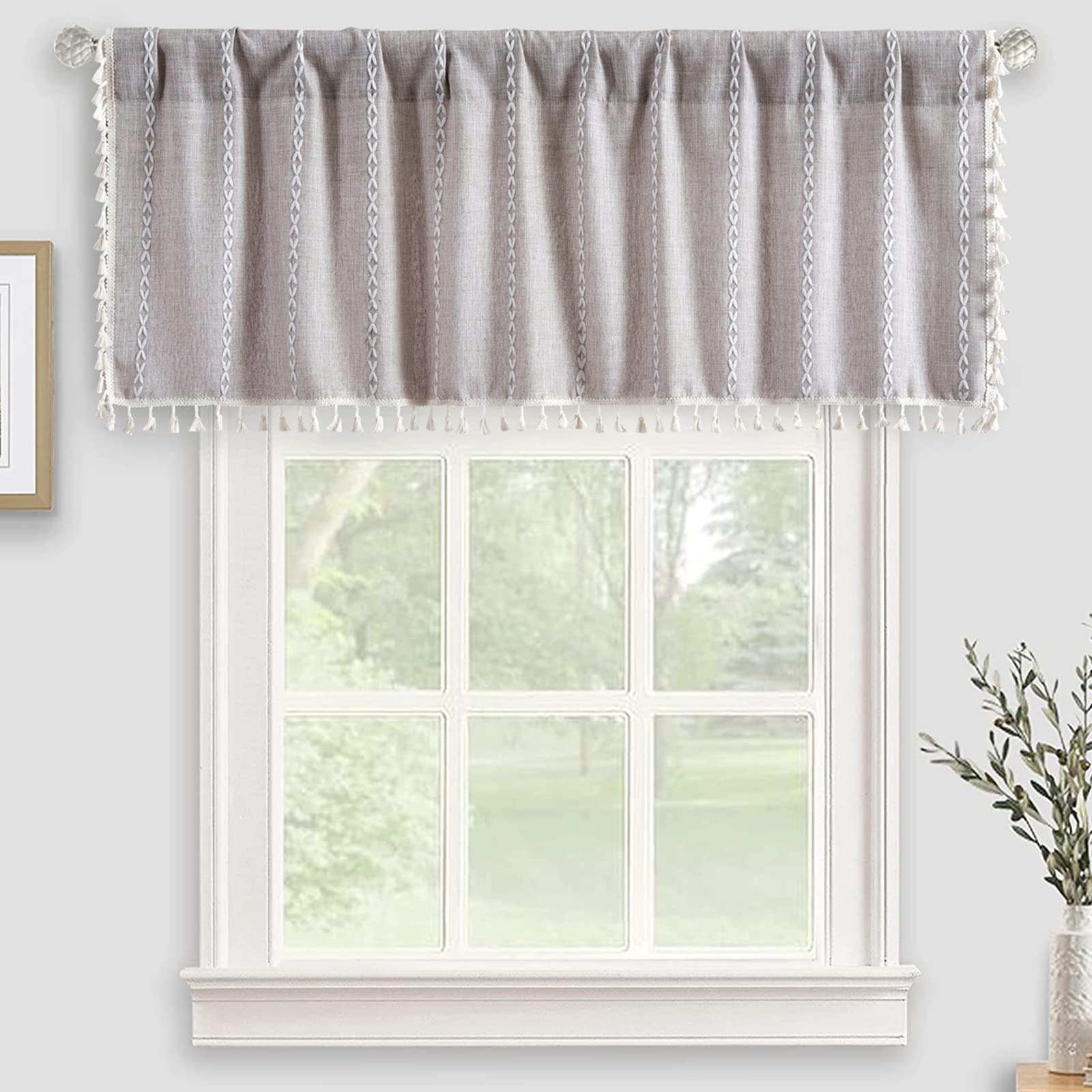 RoomTalks Rustic Farmhouse Kitchen Valances for Windows in Tan, 18L x 52W Boho Embroidered Striped Vintage Chic French Country C