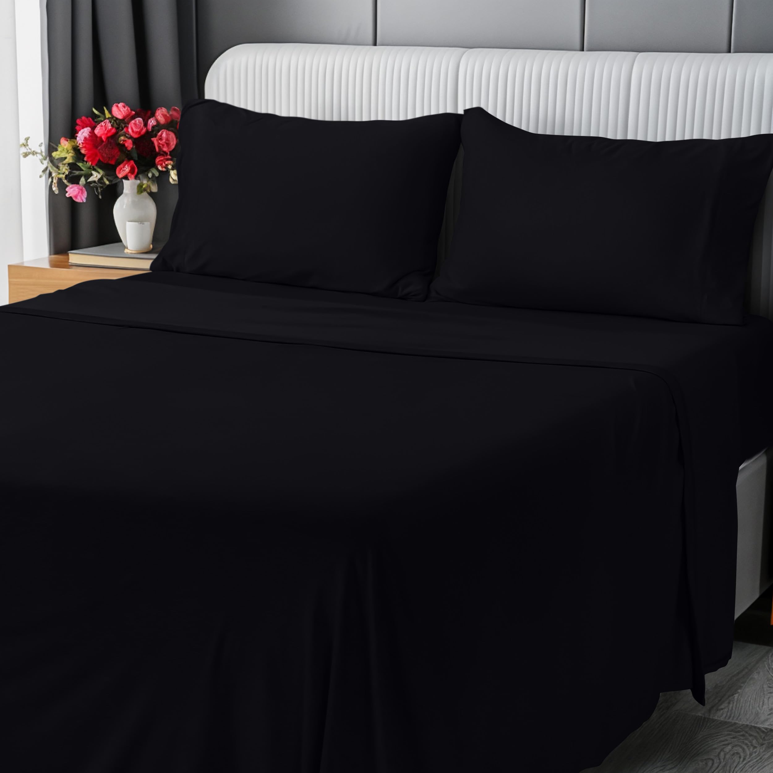 Utopia Bedding King Sheet Set - Jersey Knit Sheets 4 Piece - Cotton - Soft T-Shirt Stretchy Sheets (Black)