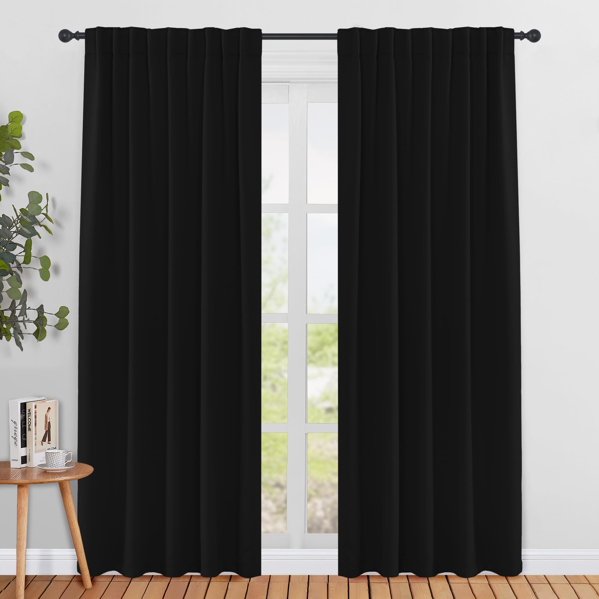 PONY DANCE Blackout Curtains Thermal Insulated Window Treatment Panels Back Tab/Rod Pocket Bedroom Draperies,70x84 Inch,Black,2 