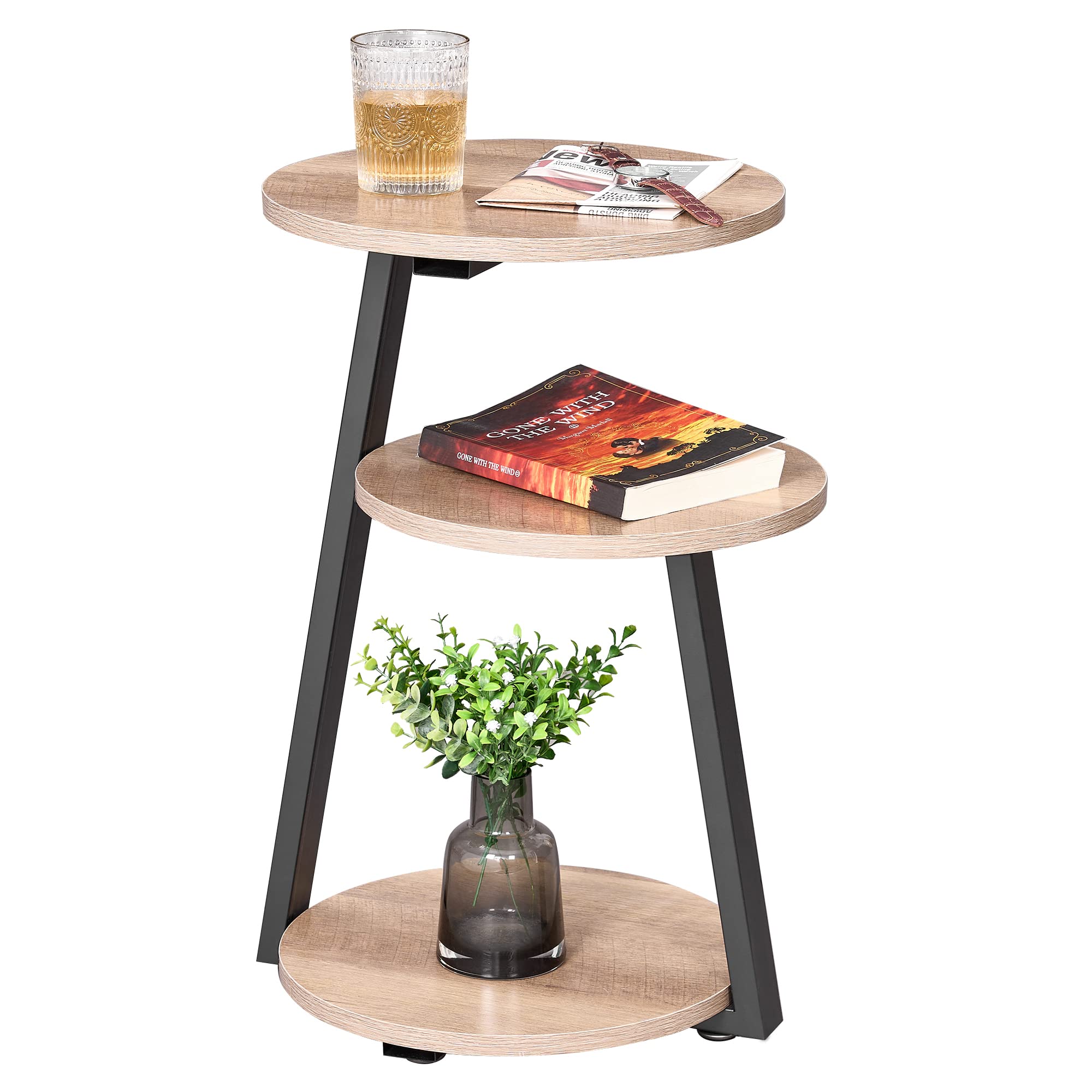 BEWISHOME Round End Table Side with Metal Frame, Accent Nightstand Bedside 3-Tier Shelves, Small for Living Room Bedroom Couch C