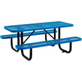 Global Industrial 6L Rectangular Picnic Table, Expanded Metal, Blue Thermoplastic Coating, Attached Benches, 1-1/2    Umbrella P