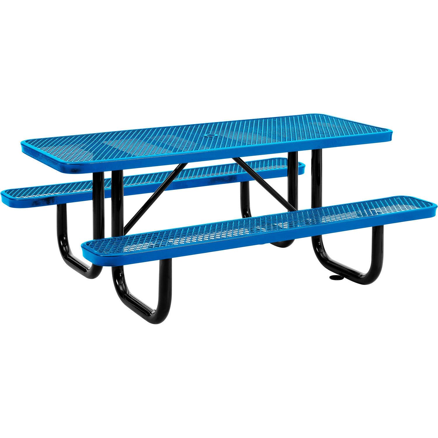 Global Industrial 6L Rectangular Picnic Table, Expanded Metal, Blue Thermoplastic Coating, Attached Benches, 1-1/2    Umbrella P