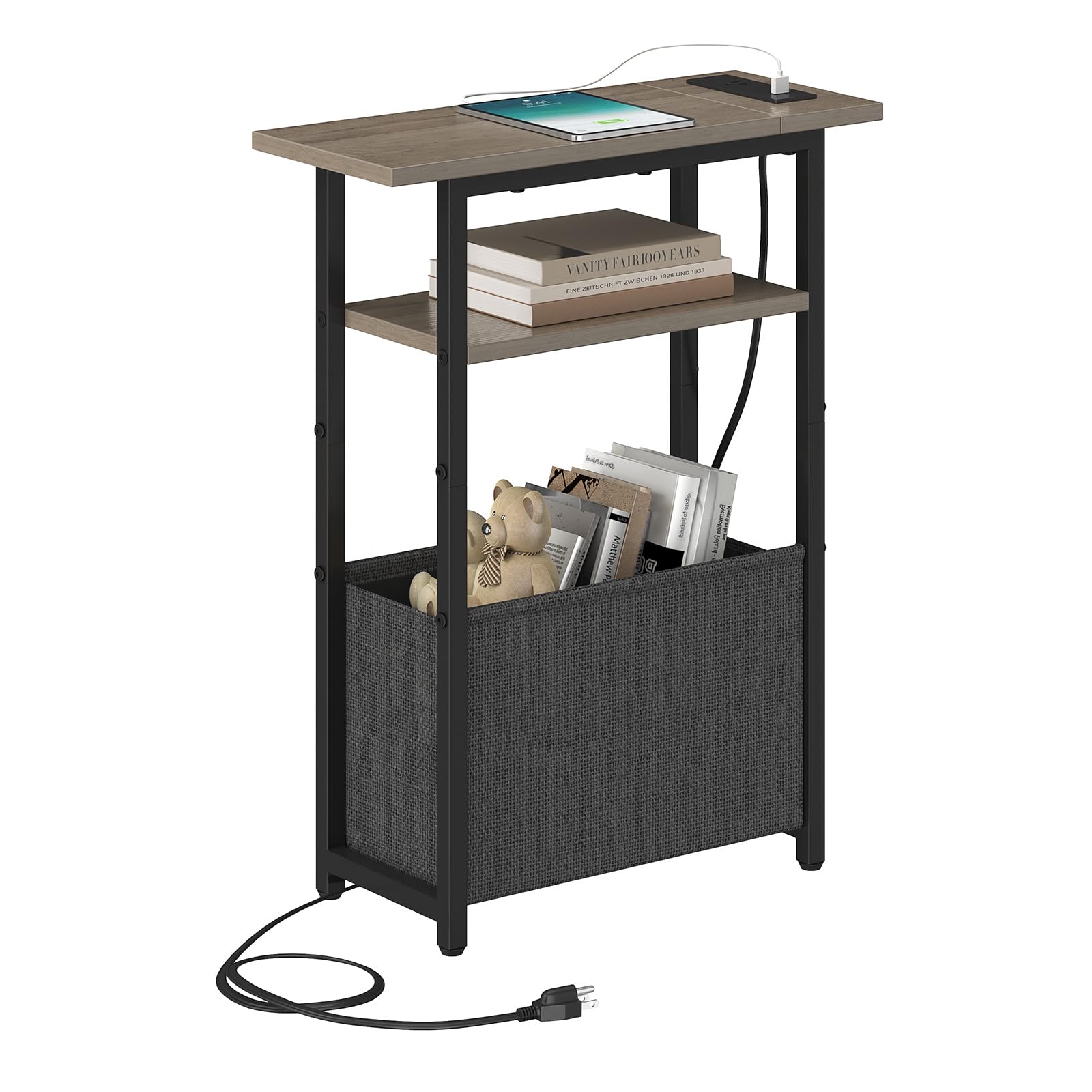 sthmec Narrow Side Table with Charging Station, Small End Table for Small Spaces, Skinny Nightstands with Storage Basket, 3 Tier