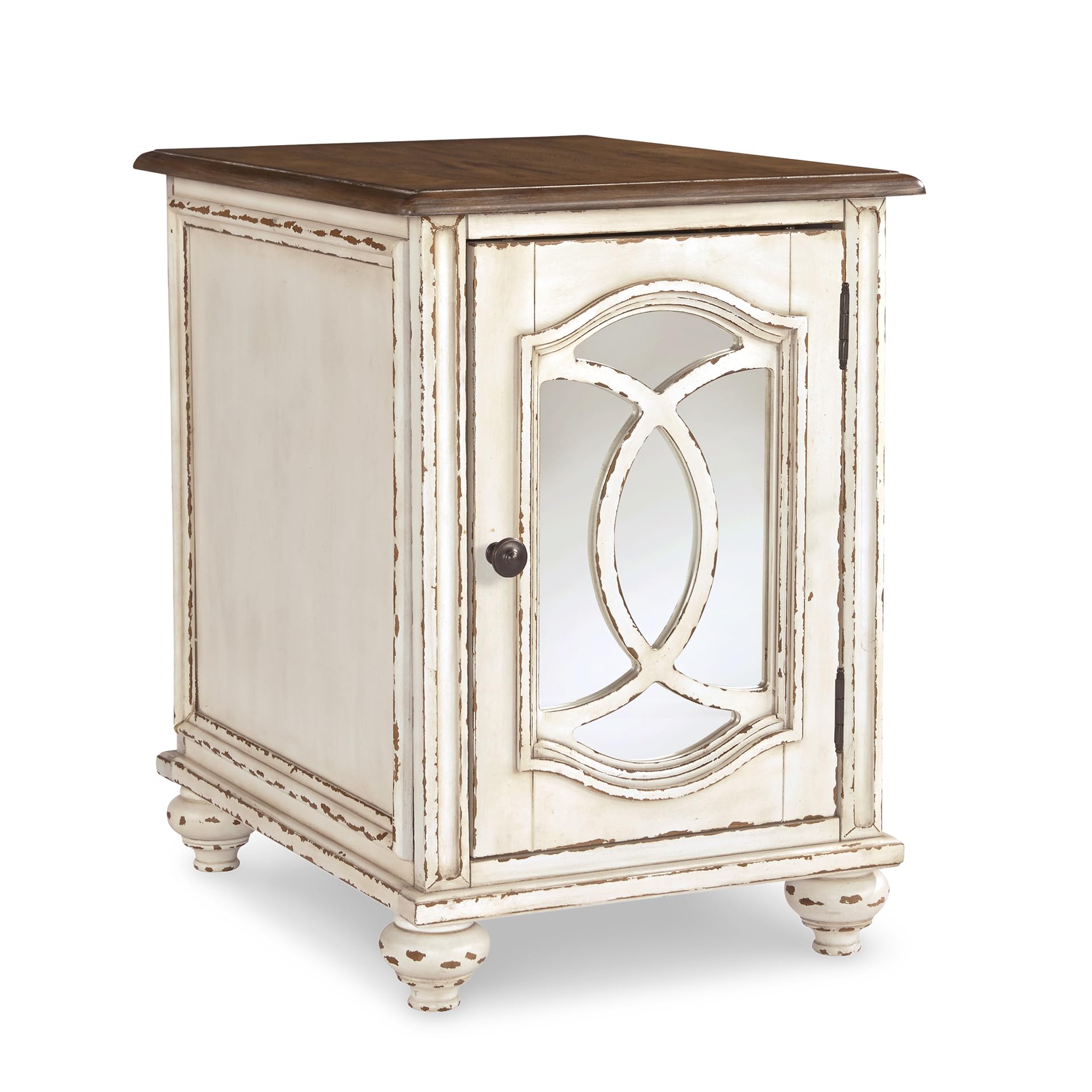 Signature Design by Ashley Realyn Farmhouse Chair Side End Table with Cabinet For Storage, Antique White & Brown