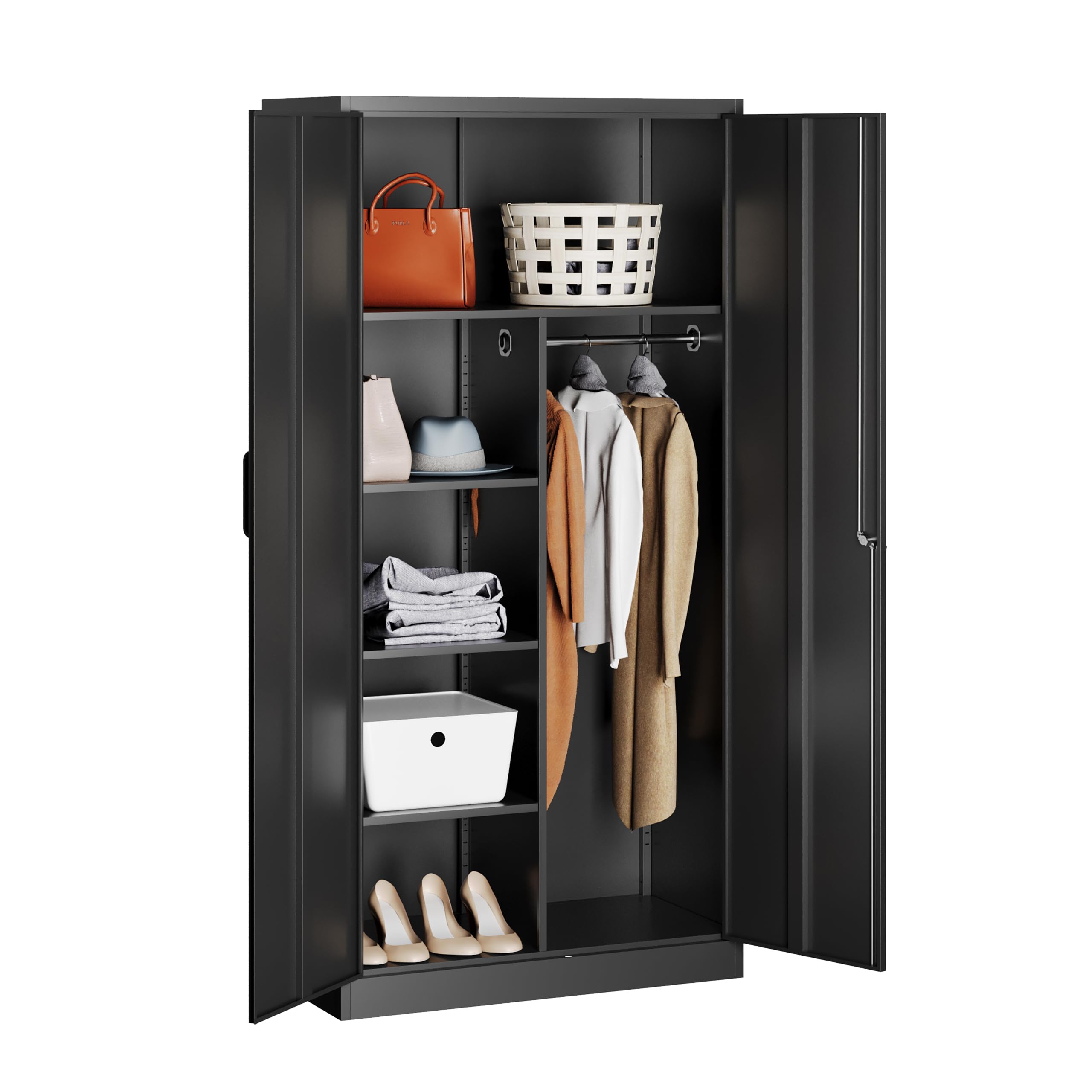 Metal Wardrobe Cabinet with Lock,72 Armoire Closet with Hanging Rod,Lockable Storage Locker,Black Storage Cabinet with Locking D