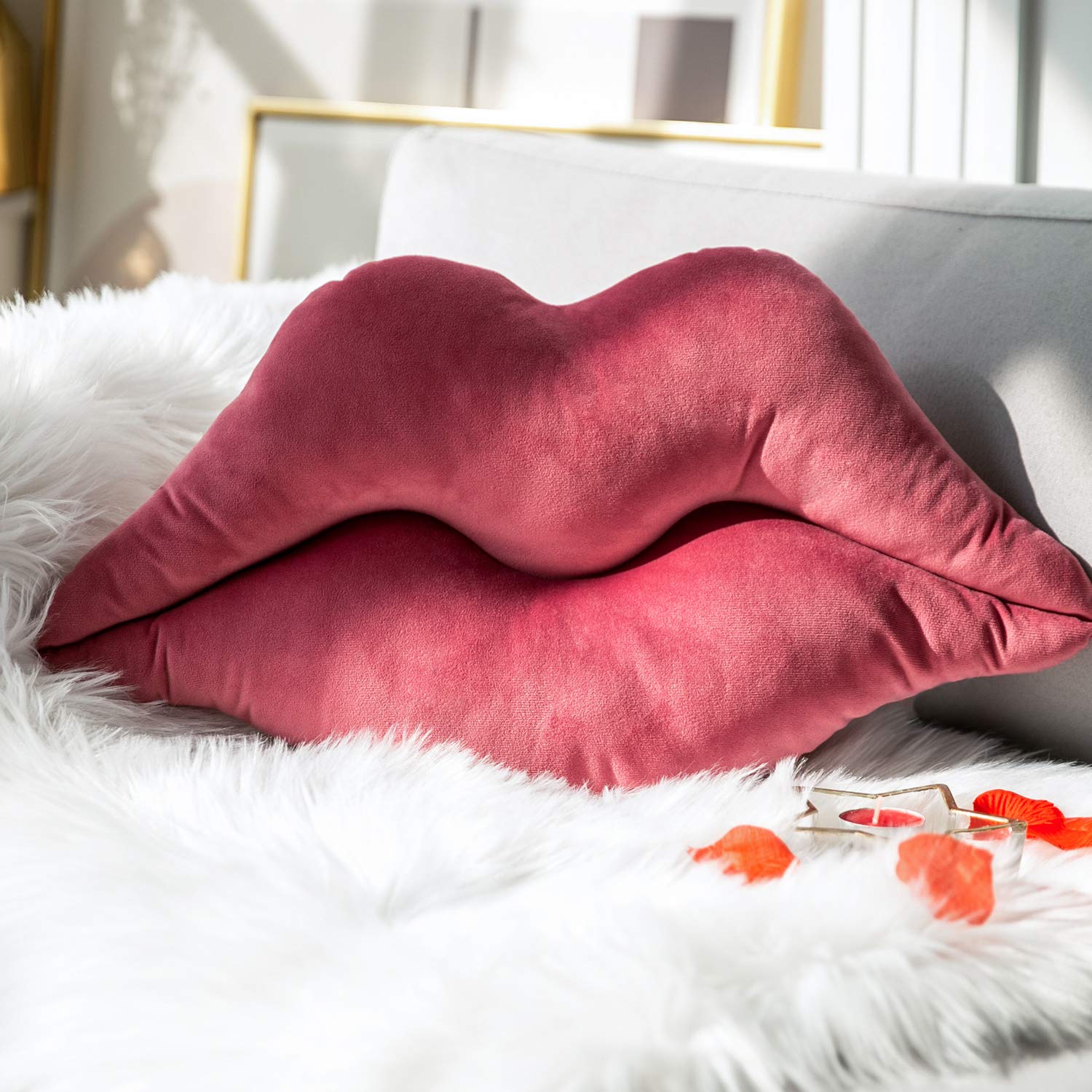 Ashler 3D Lips Throw Pillows Smooth Soft Velvet Insert Included Cushion for Couch Bed Living Room, Pink, 24 X 12 inches