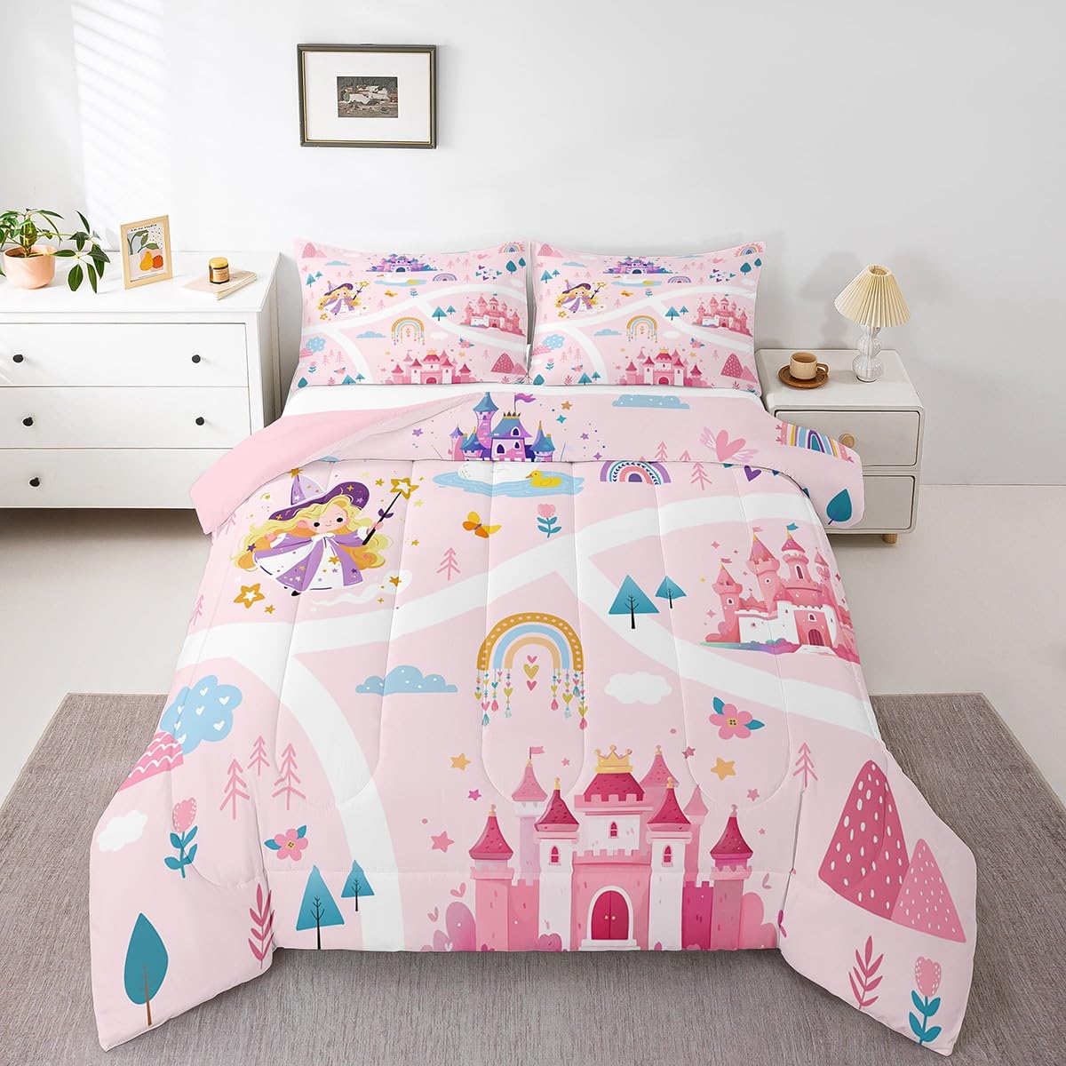 Feelyou Kids Princess Duvet Insert Twin Size, Girls Dreamy Magic Castle Comforter Set Boys Girls for Cartoon Rainbow Bedding Set