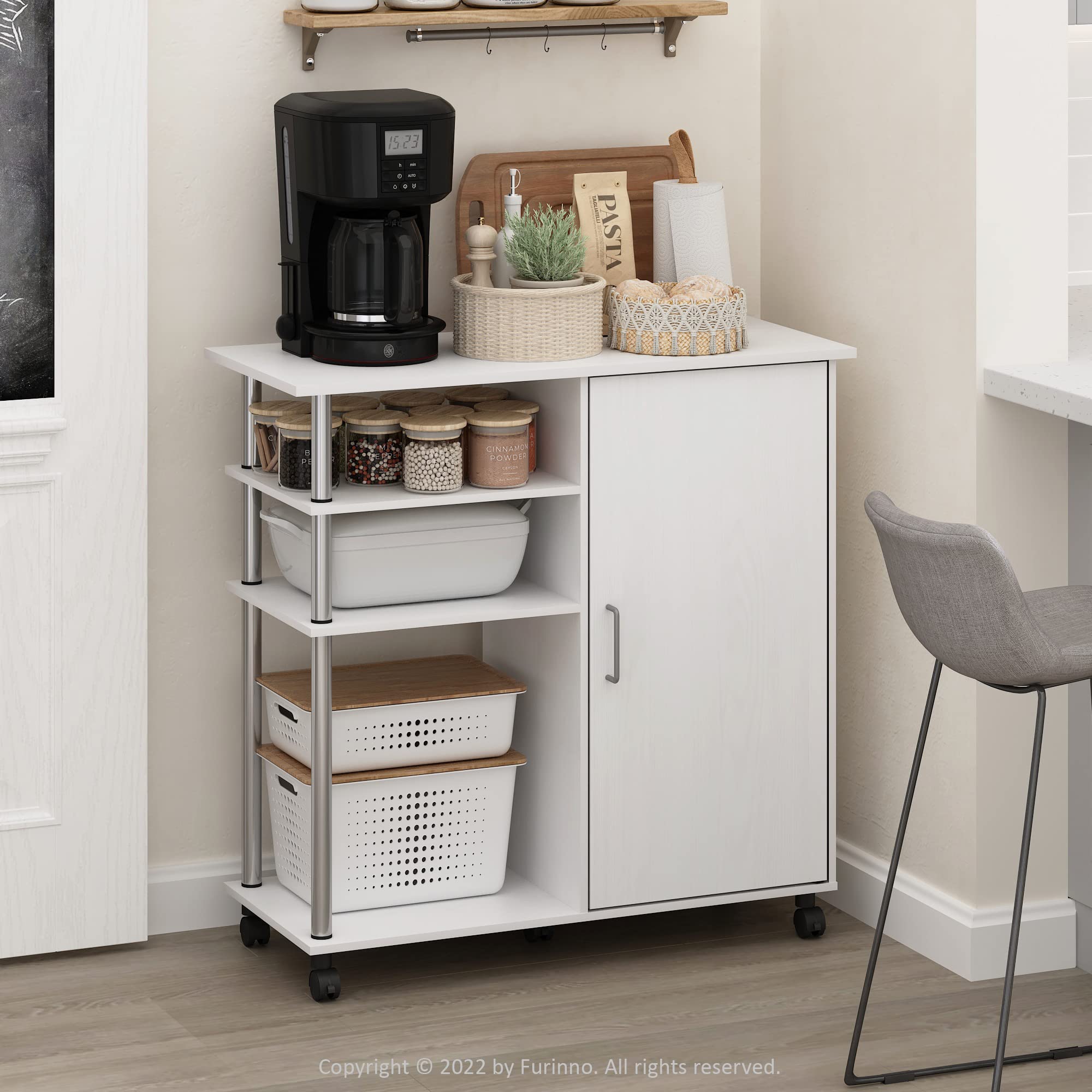 Furinno Helena Multipurpose Storage Cabinet/Shelves,Printer Stand with Lockable Wheels, Stainless Steel Tubes, White Oak/Chrome