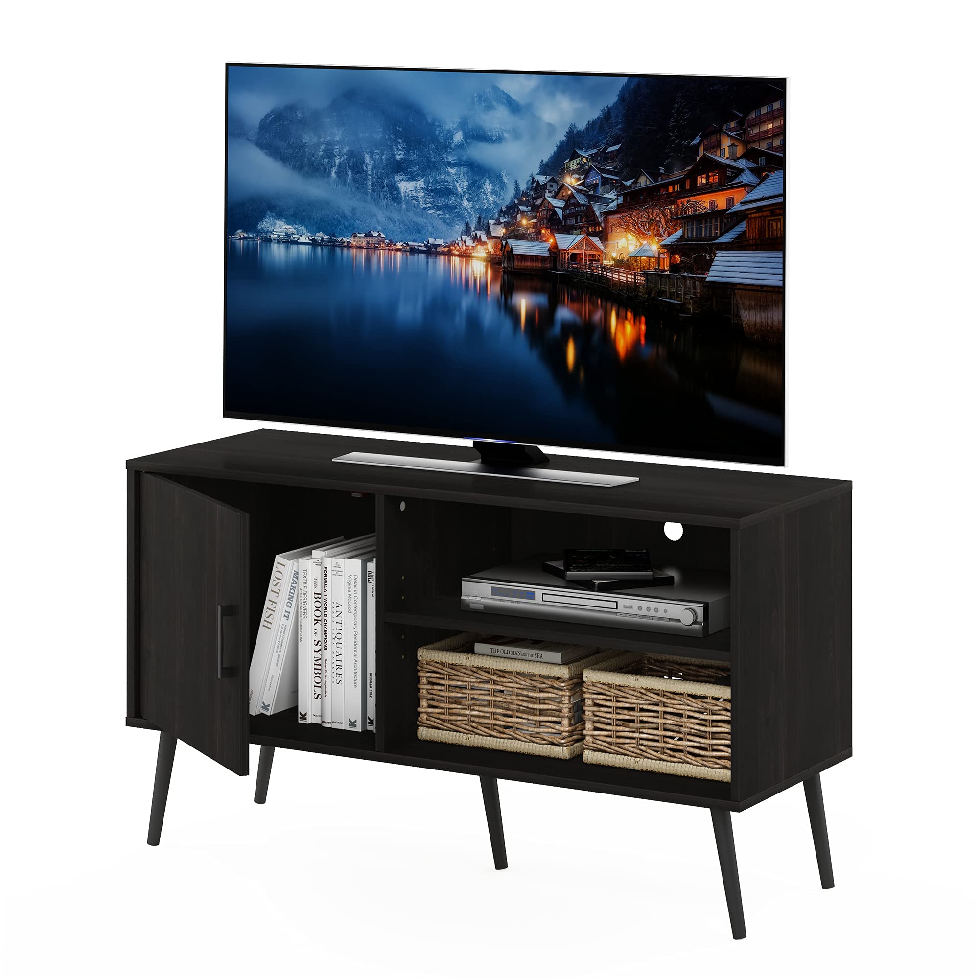 Furinno Claude Mid Century Style Stand With Wood Legs For TV Up To 55 Inches, One Cabinet Two Shelves, Espresso
