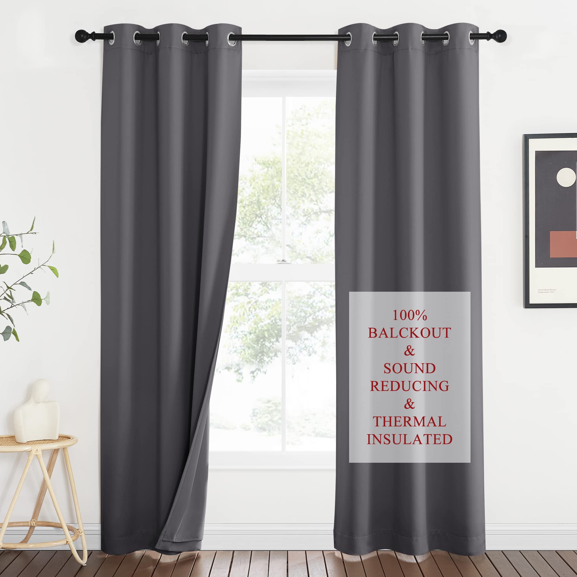 NICETOWN 3-in-1 Dampen Noise Blackout Thermal Reducing Curtains, Heavy Full Light Shading Drapes with Detachable Liner for Villa