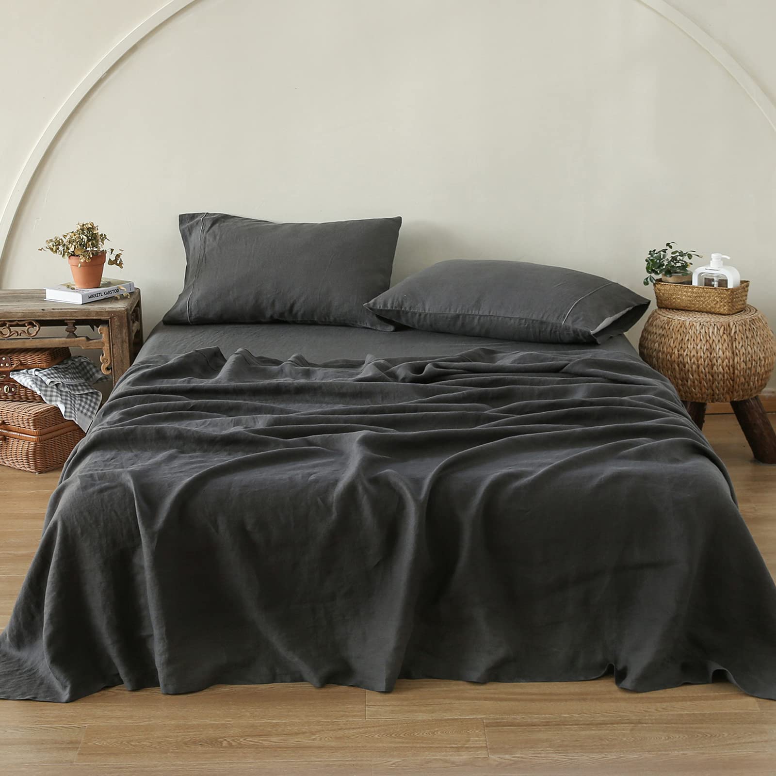 Simple&Opulence 100% Pure Linen Sheet Set Queen Size, Natural French Flax Solid Color 4 Pcs Washed Breathable, Farmhouse Bedding