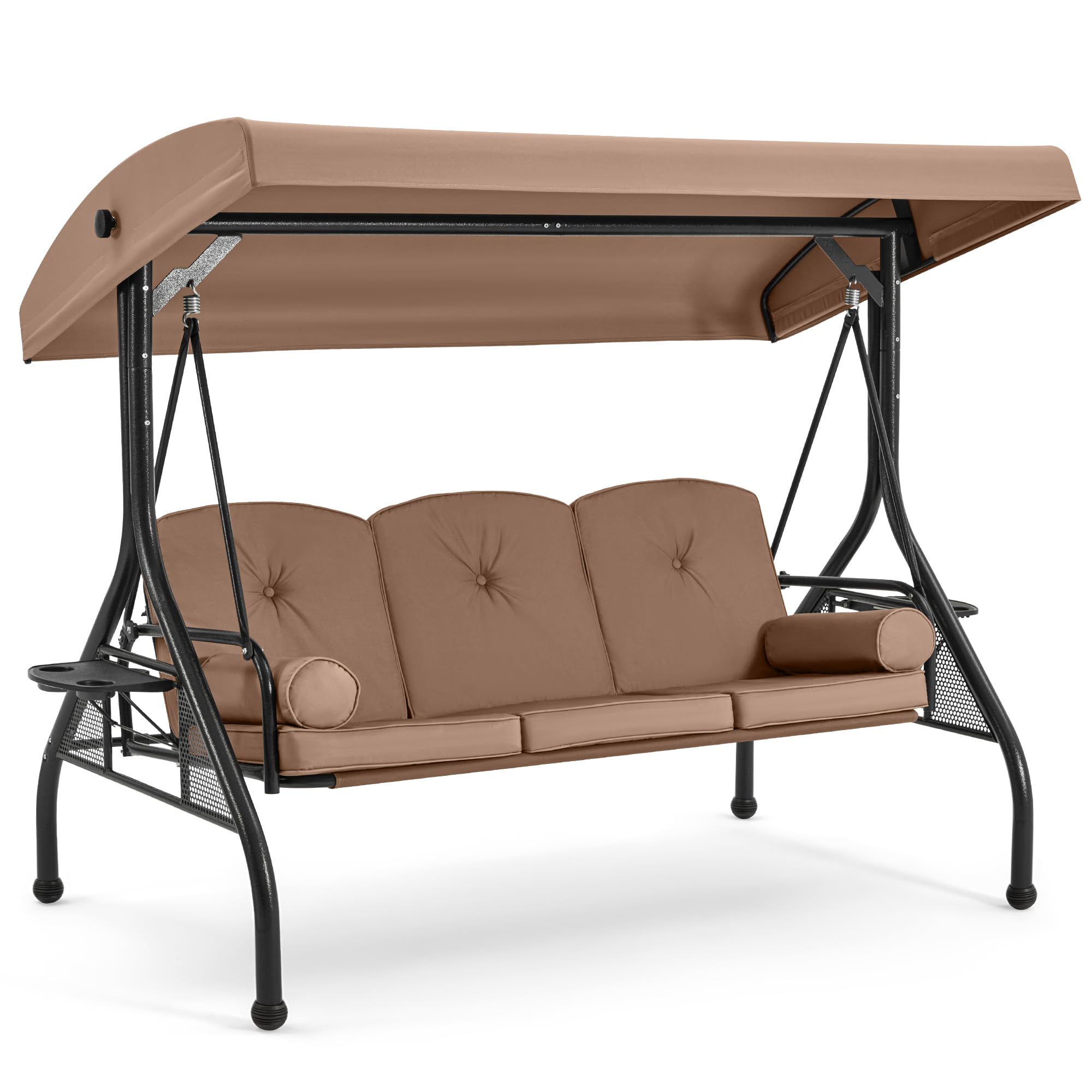 HOMREST 3 Seat Outdoor Porch Swing with Adjustable Canopy, Convertible Patio Swing Bed with Stand, Patio Glider Swing with Upgra