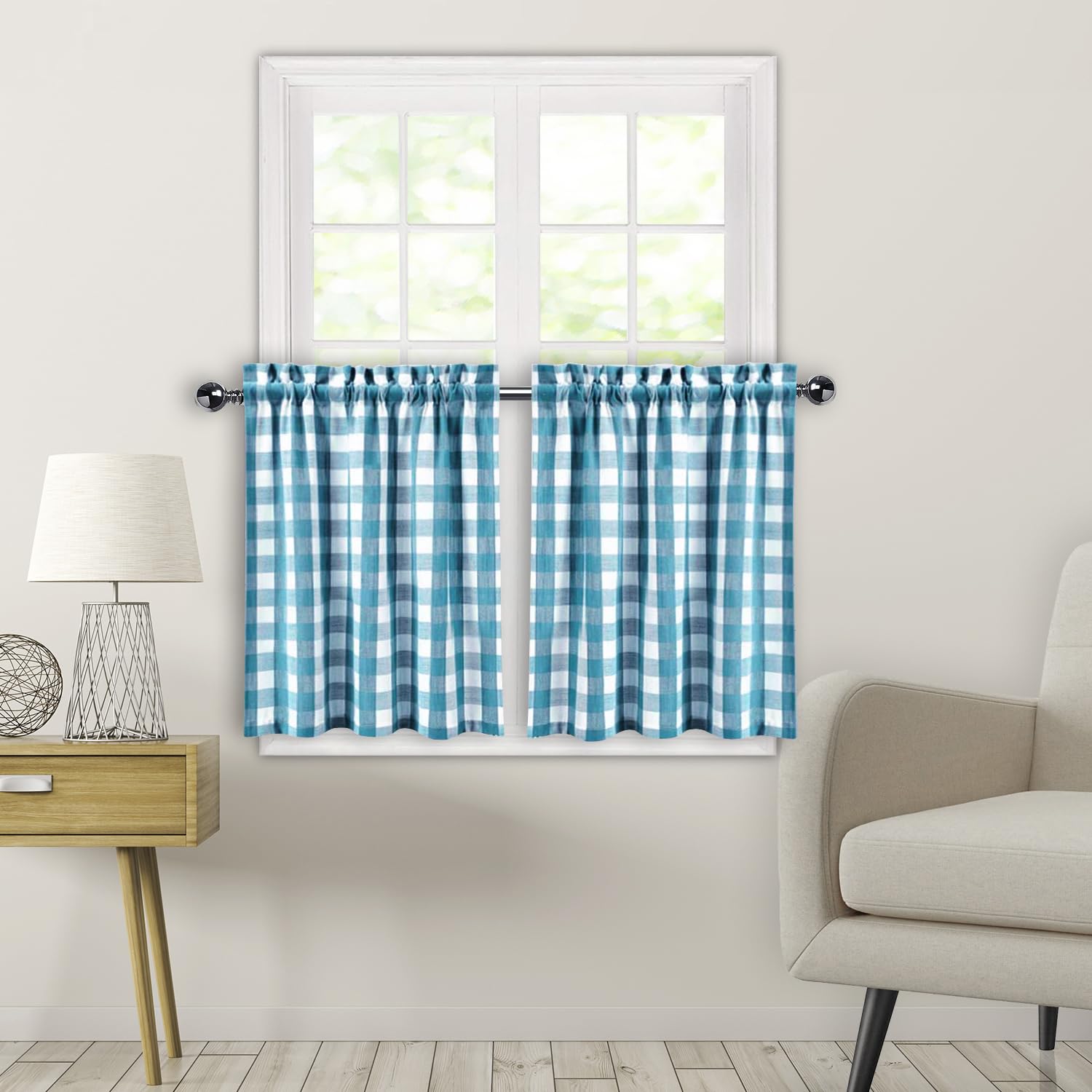 Amzdecor Buffalo Plaid Cafe Curtains,Gingham Tiers Curtains 24 Inches Long, Country Farmhouse Check Rod Pocket Half Window Kitch
