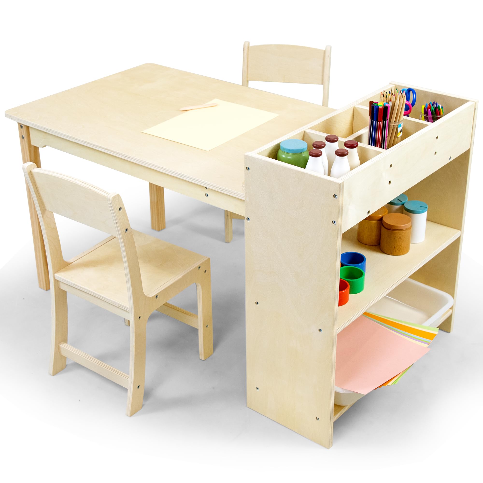 bbgroundgrm Kids Art Table and Chair Set, Birch Wooden Activity Craft Table, Kids Drawing Table, Toddler Desk with Storage and 1