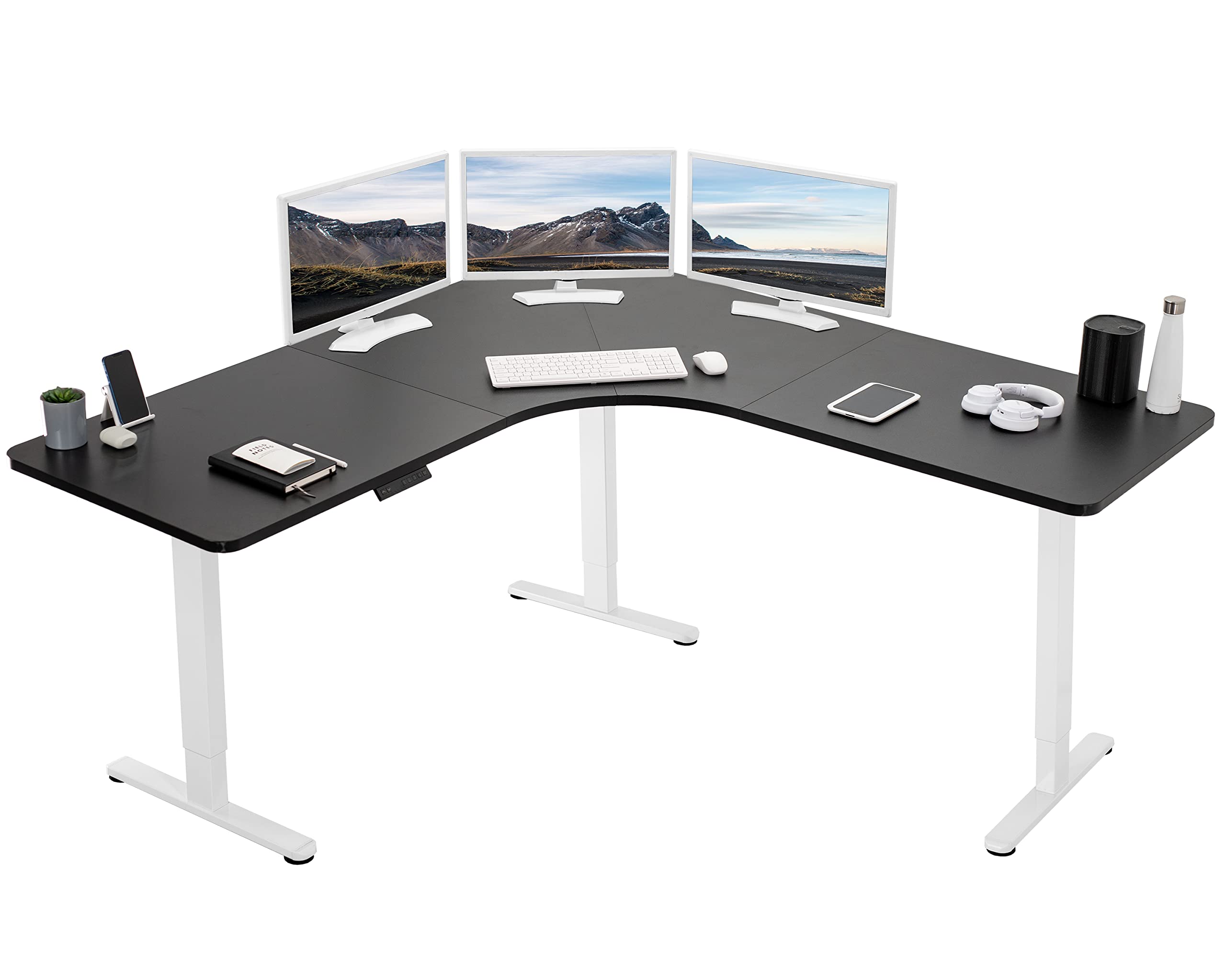 VIVO Electric Height Adjustable 71 x 71 inch Curved Corner Stand Up Desk, Black Table Top, White Frame, Memory Controller, L-Sha