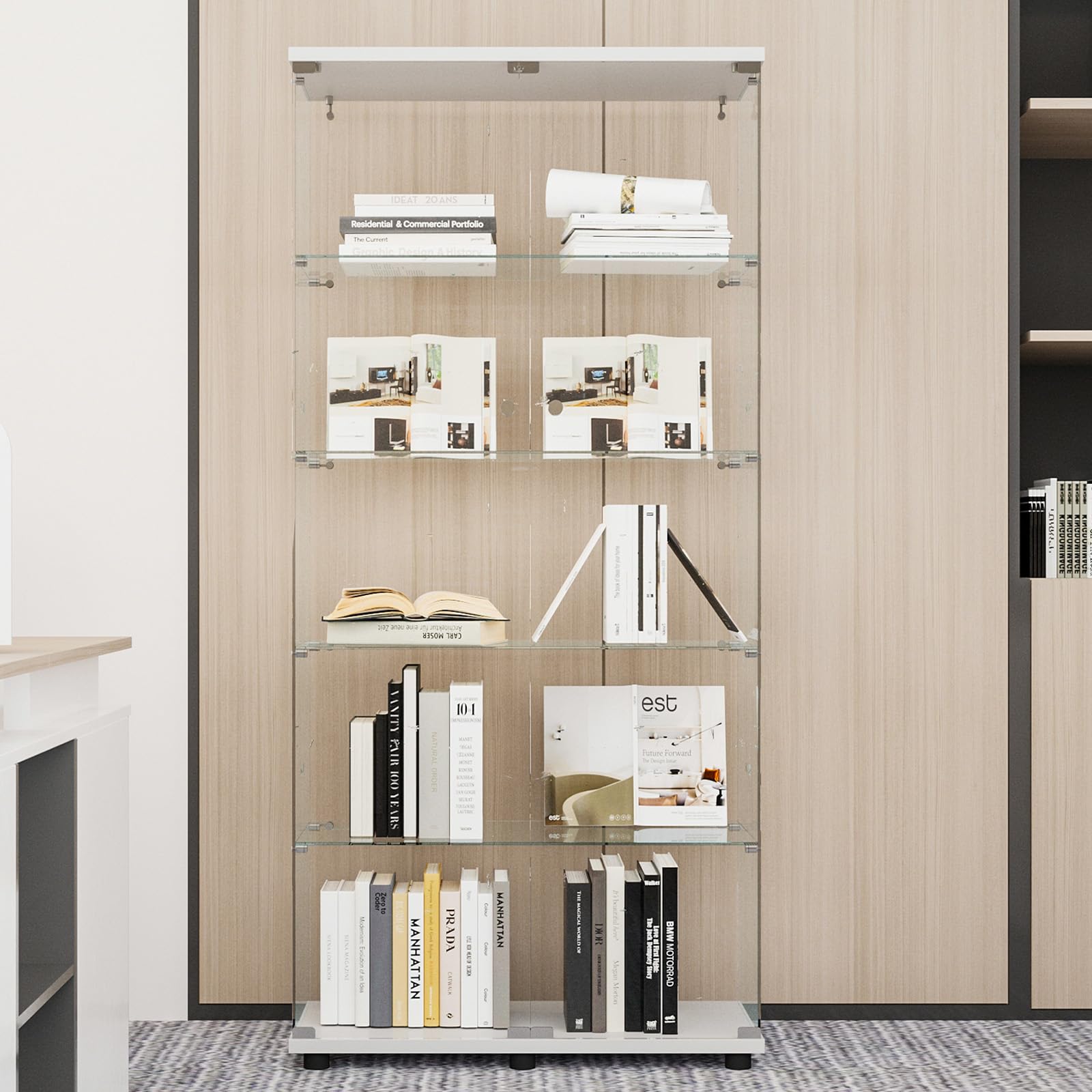 Beauty4U Glass Display Cabinet with 5 Shelves, Curio Cabinets for Living Room, Bedroom, Office, White Floor Standing Glass Books