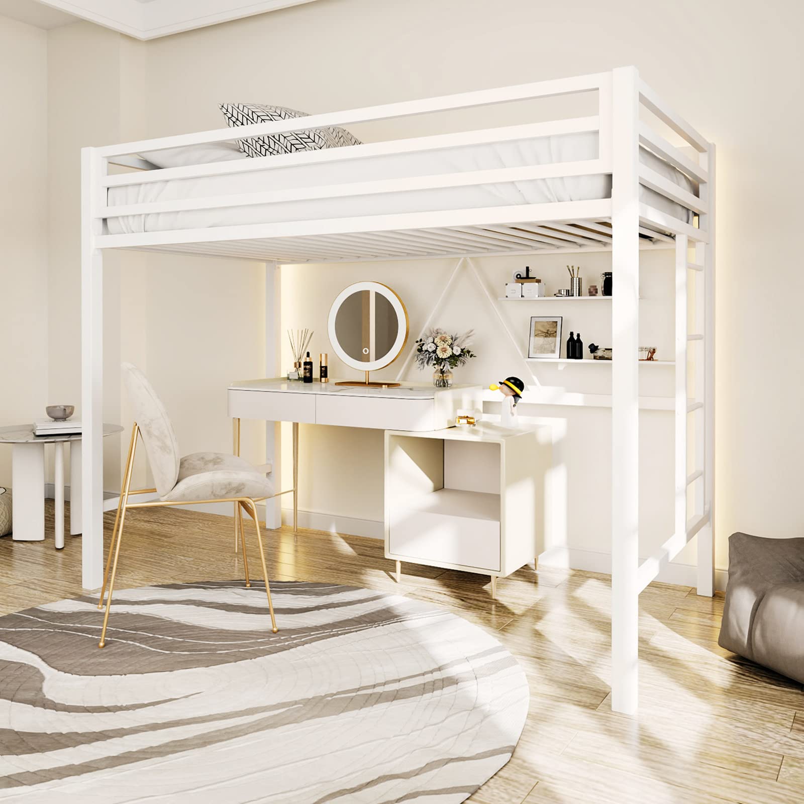 ikalido Twin Size Loft Bed, Multifunctional Metal Twin Bed with Safety Guard & Removable Ladder, Space-Saving Bed Frame for Smal