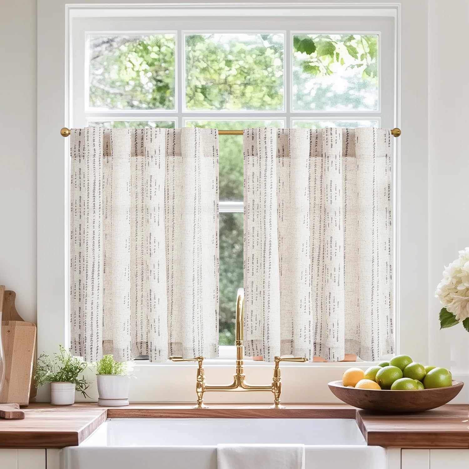 jinchan Boho Kitchen Curtains Linen Cafe Tier Curtains 36 Inch Bohemian Geometric Gray Striped Mudcloth Small Window Drapes for 