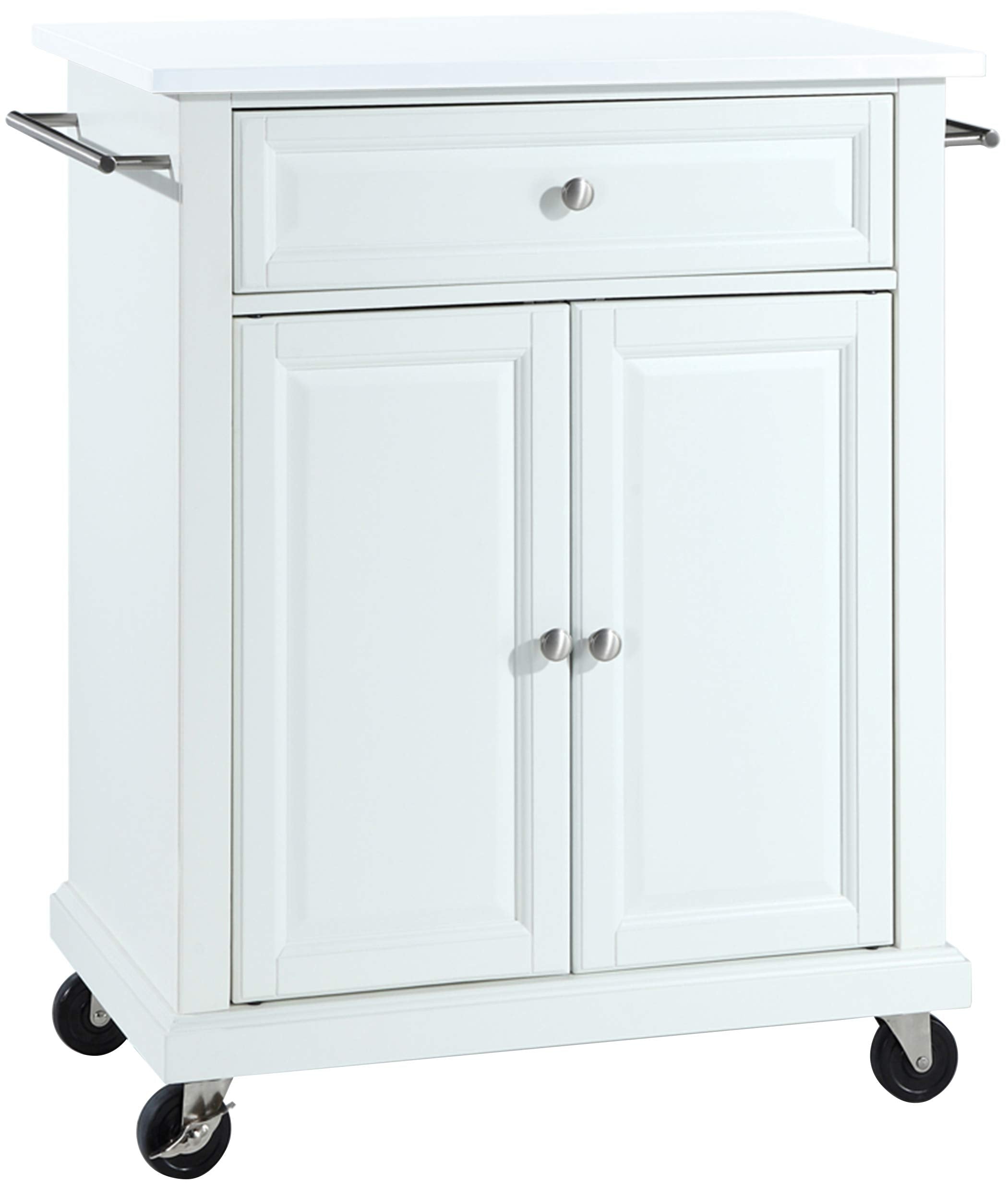 Crosley Furniture Compact Stone Top Small Rolling Cart with Shelves, Microwave Stand with Towel Rack, White