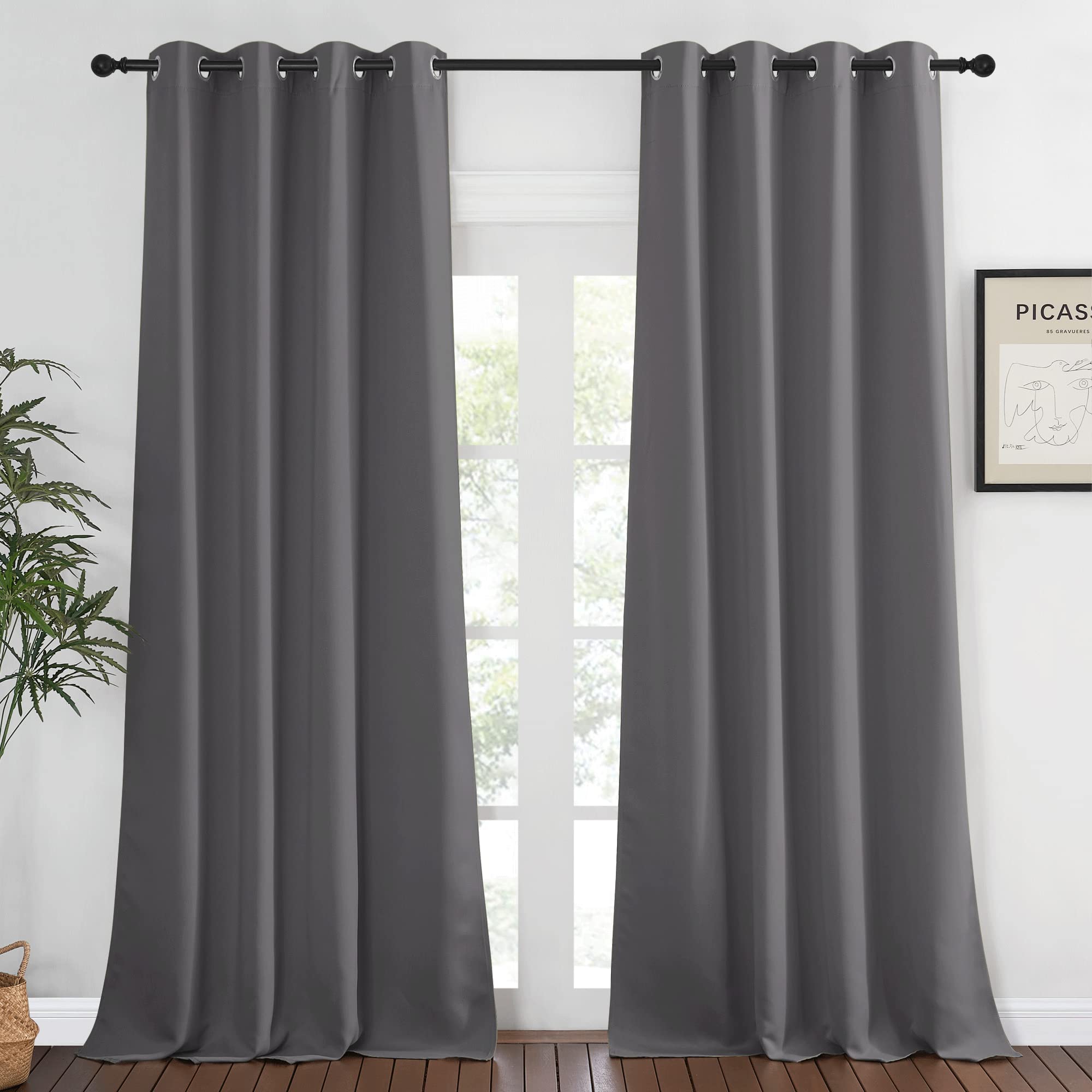 NICETOWN Grey Bedroom Blackout 90 inch Curtain - Grommet Energy Saving Thermal Insulated Room Darkening Drapes Sound Dampening W