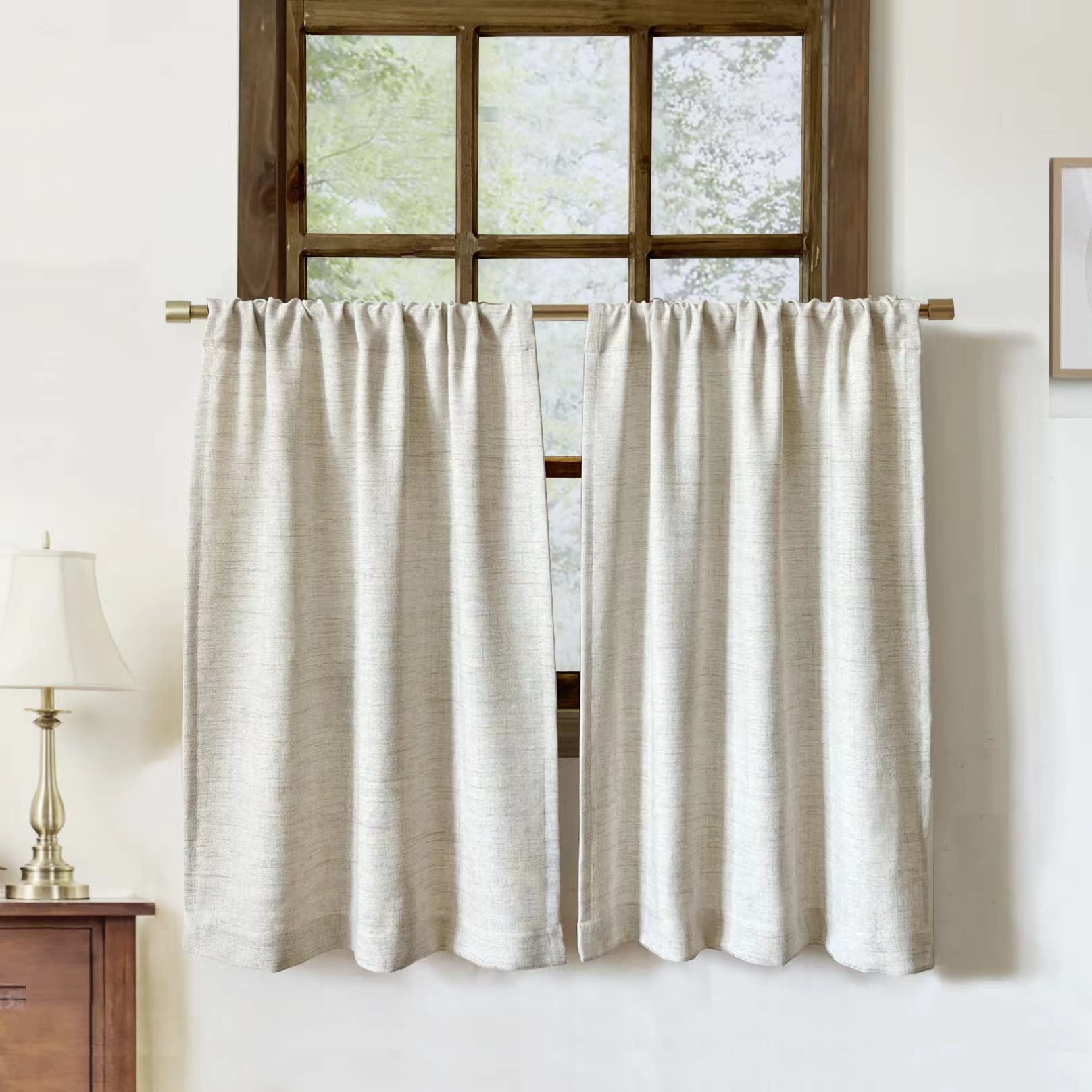 Faux Linen Kitchen Curtains 36 Inch Length Cafe Curtain Tiers for Living Room Bathroom Basement Windows Country Rustic Small Sho