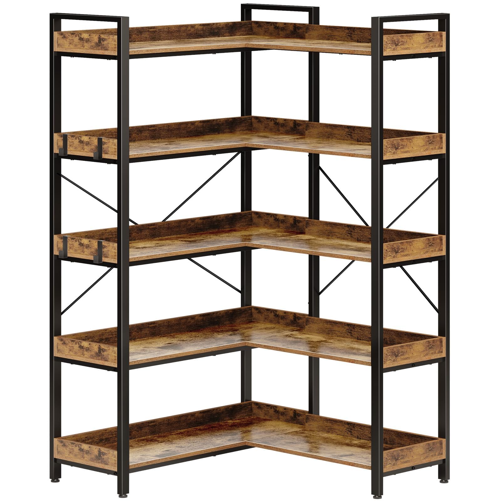 Rolanstar Bookshelf 5 Tier with 4 Hooks, Reversible Corner Bookshelf, 65 Industrial Wooden Bookcase with Open Shelves and Metal 