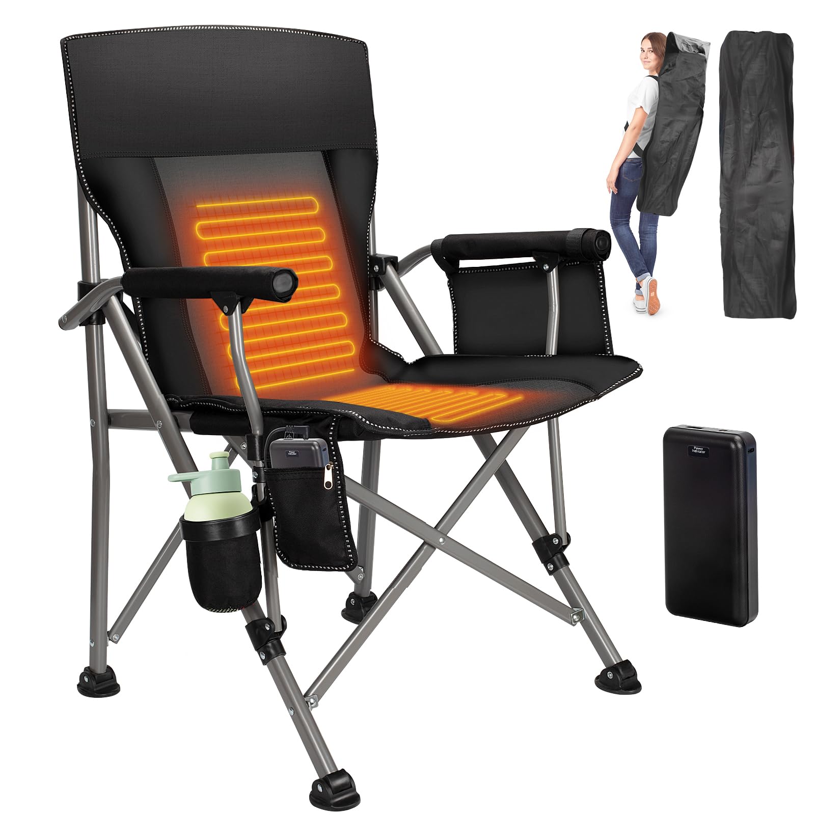 QUYUAN Heated Camping Chair with 20,000 mAh Battery, Fully Padded Heated Camp Chairs, Loog-Lasting for 500 Mins, Heavy Duty Fold
