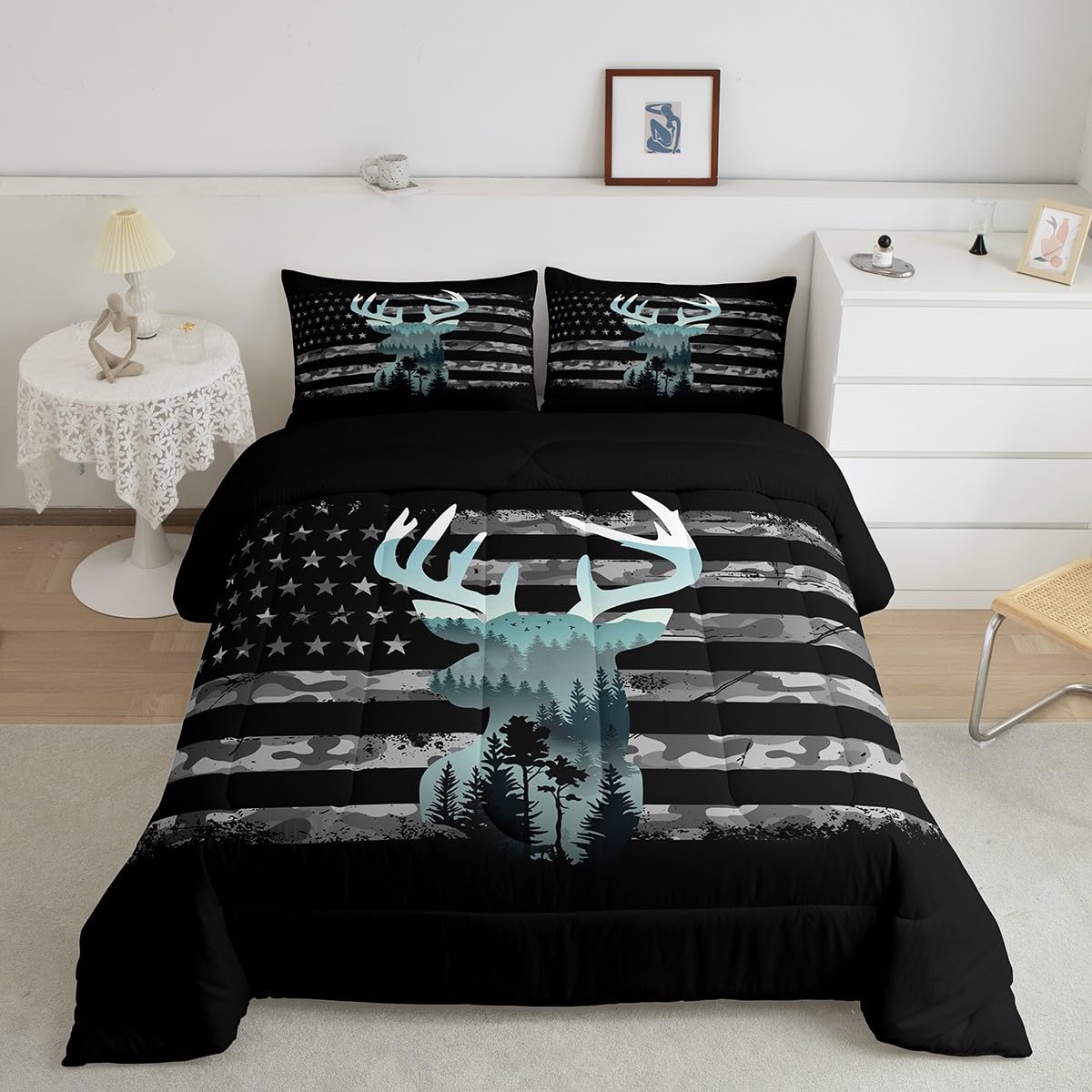 Feelyou Deer Hunting Comforter Set Queen, Camo Deer Hunting Bedding Set for Kids Forest Smoky Deer Comforter American Flag Deer 