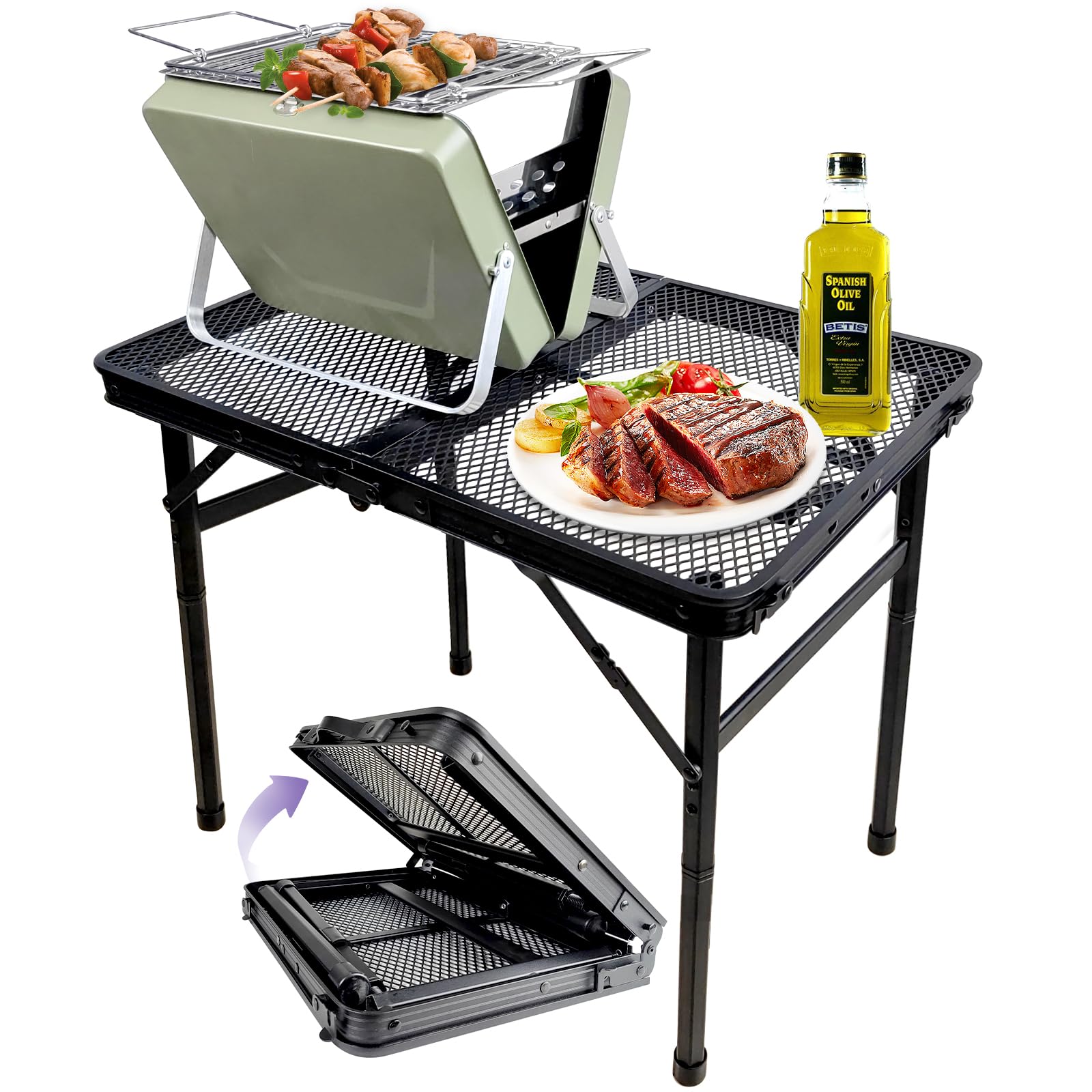 BRIAN & DANY Camping Table Folding Grill Table, Small Foldable Table Height Adjustable, Portable Metal Picnic Table for Outdoor,