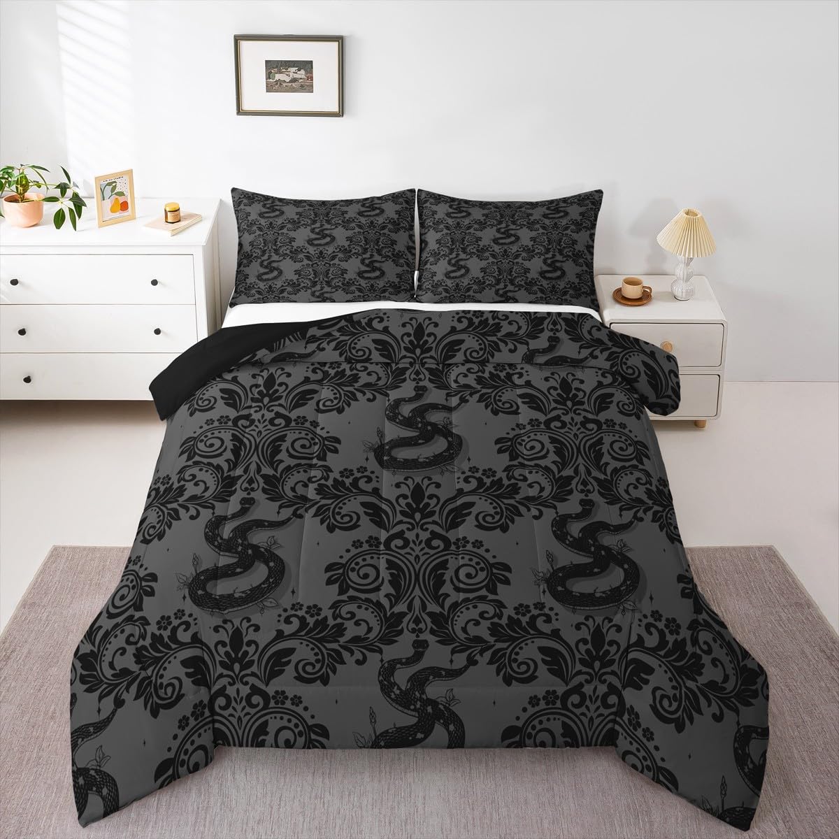 Feelyou Adults Gothic Bedding Set Soft for Boys Girls, Dark Olive Green Damask Comforter Set Queen Size Snake Duvet Quilt Microf