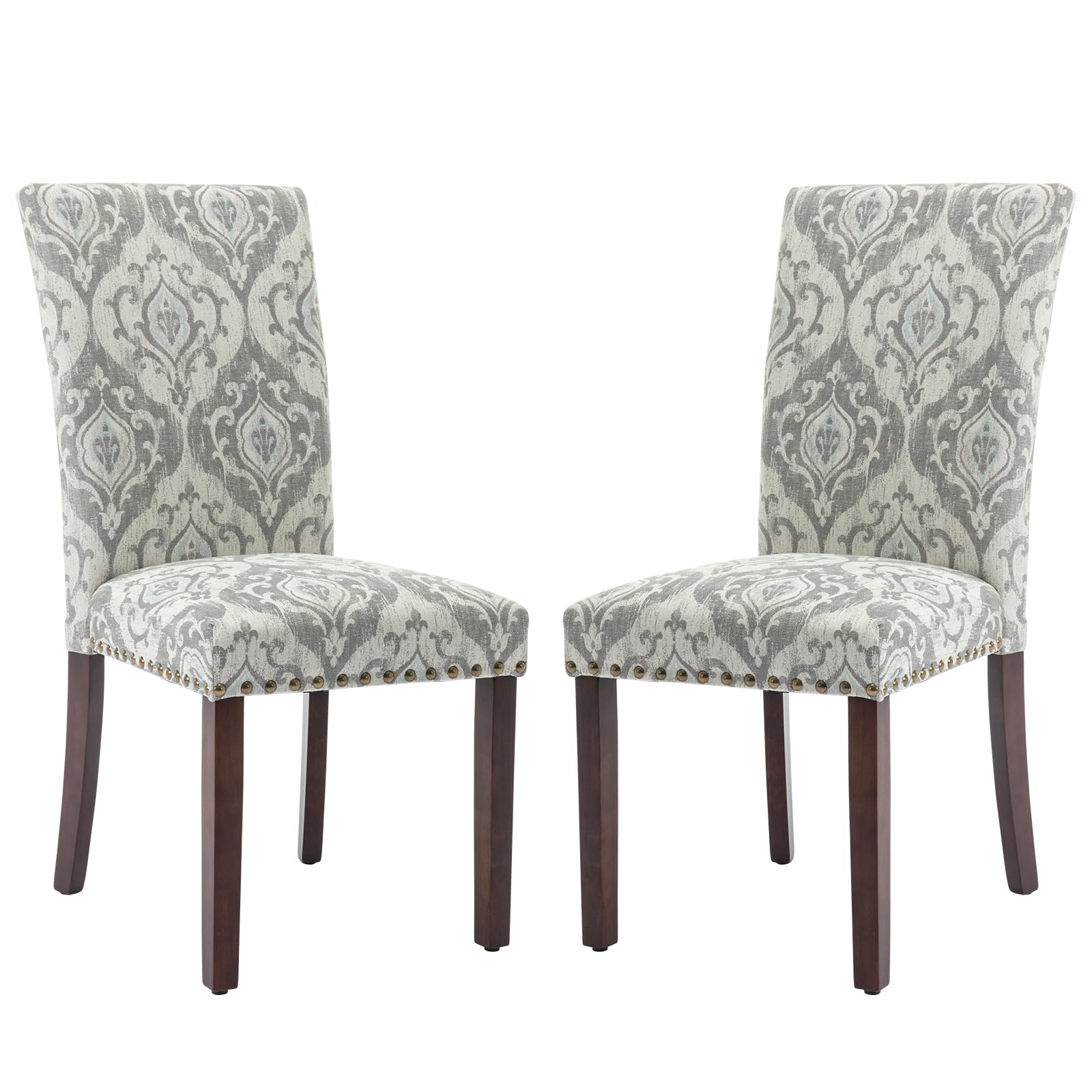 COLAMY Upholstered Parsons Dining Chairs Set of 2, Fabric Dining Room Kitchen Side Chair with Nailhead Trim and Wood Legs - Grey